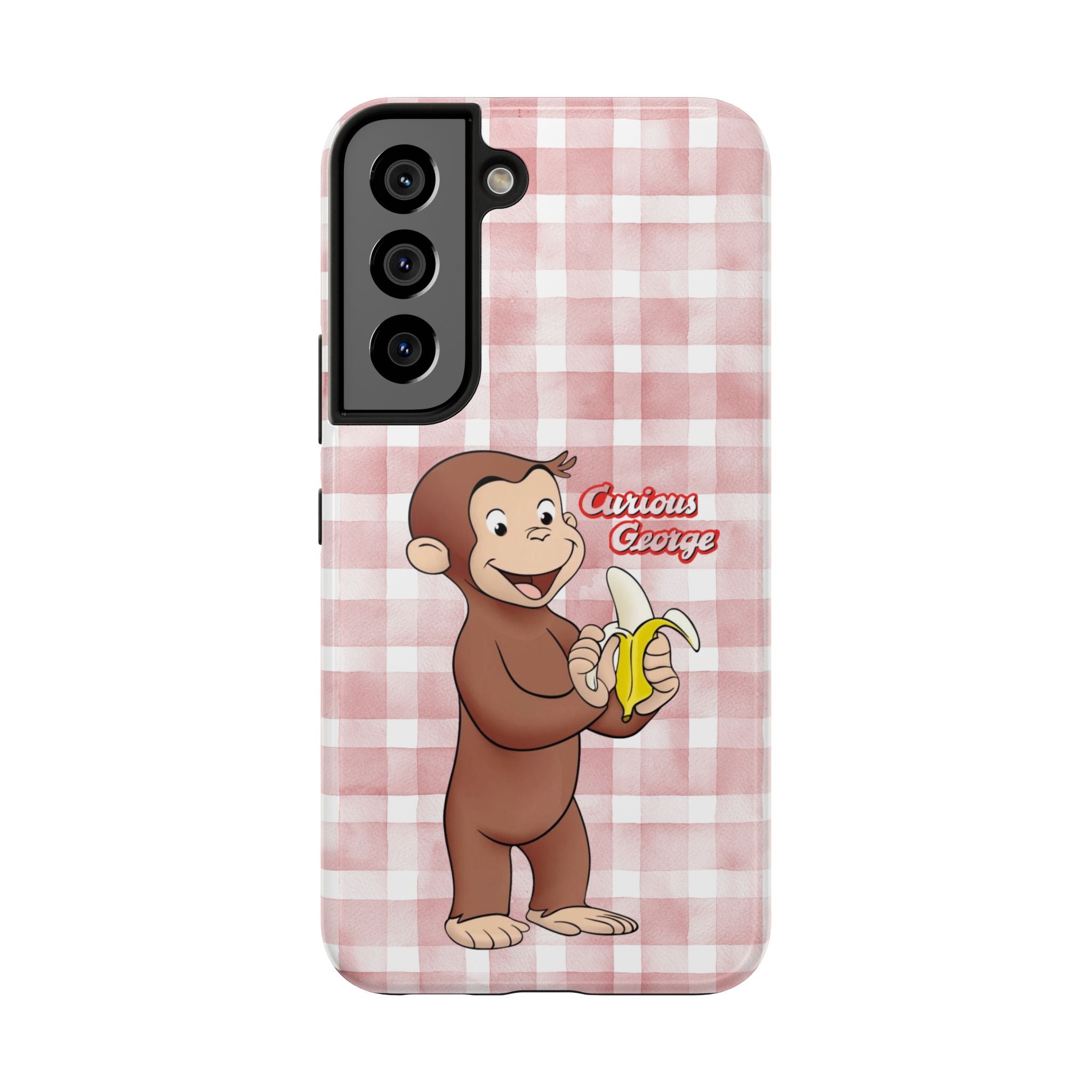Curious George Banana Tough Phone Case — Cute Kids iPhone Cover, Pink Gingham Protective Case - Creations by Chris and Carlos
