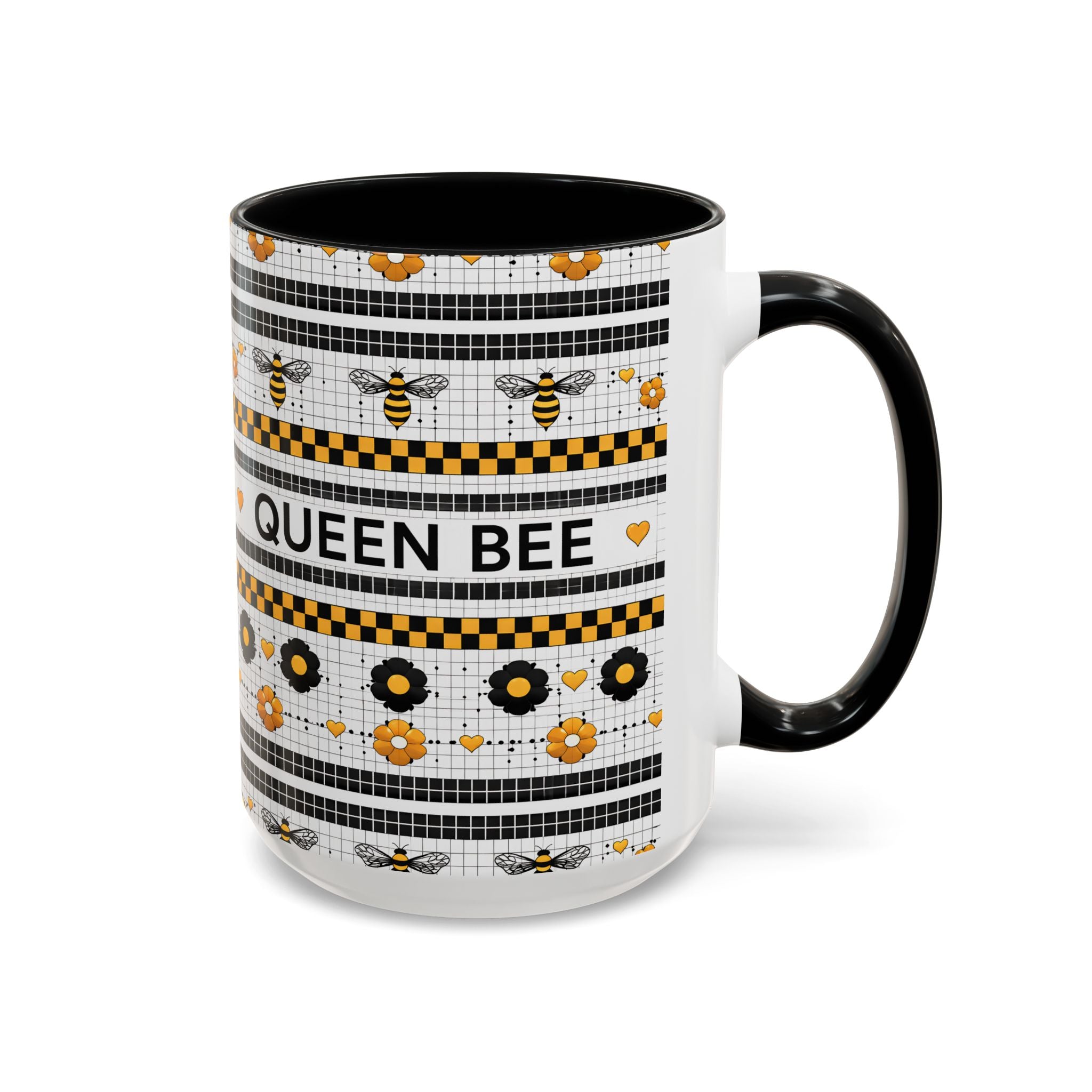 Queen Bee Coffee Mug — Black & Yellow Floral Accent Mug (11/15oz) - Creations by Chris and Carlos