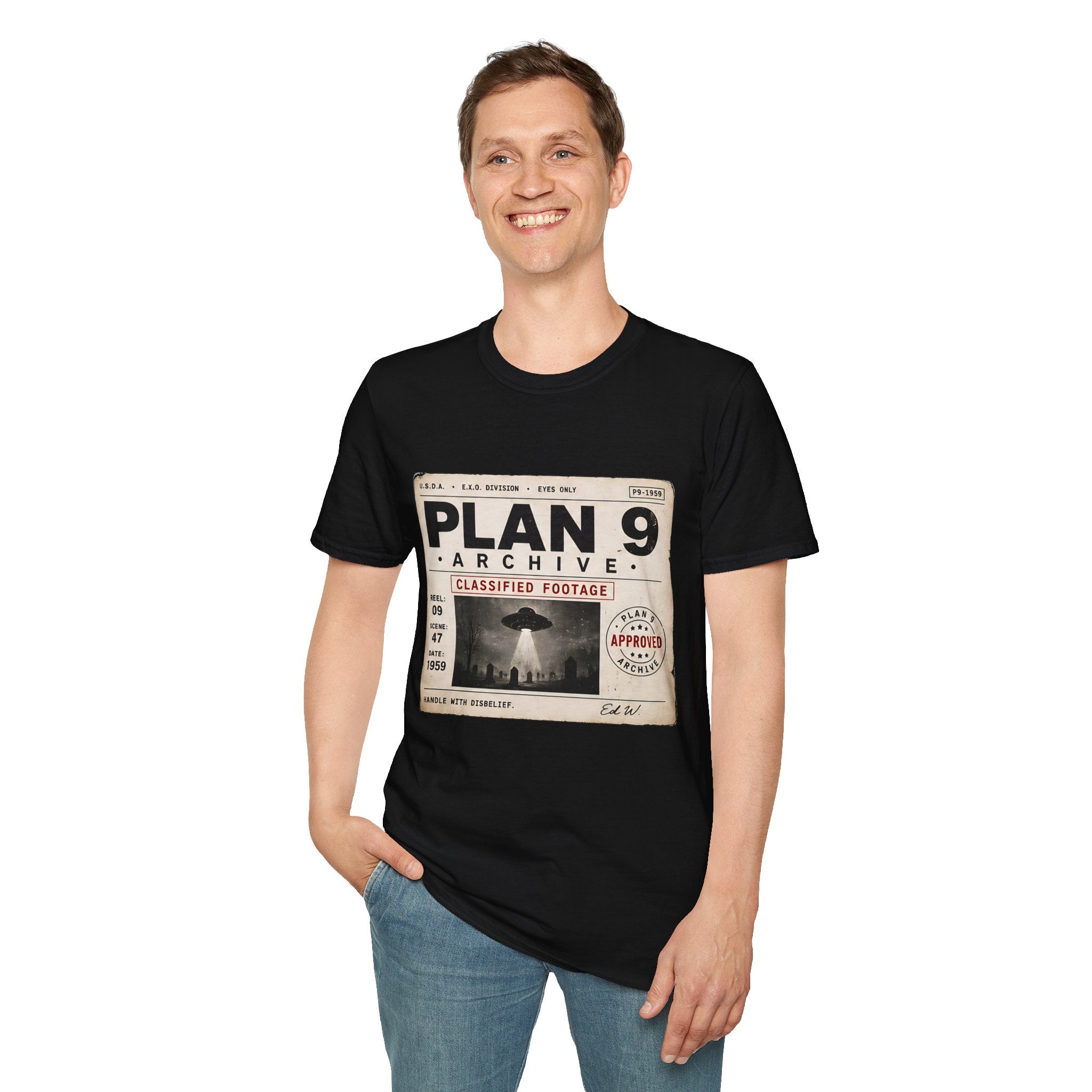 Plan 9 Archive UFO T-Shirt — Retro 'Classified Footage' Alien Badge Tee - Creations by Chris and Carlos