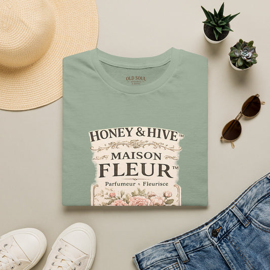 Maison Fleur Floral Graphic T‑Shirt — 'Honey & Hive' Vintage Perfume Label Tee - Creations by Chris and Carlos