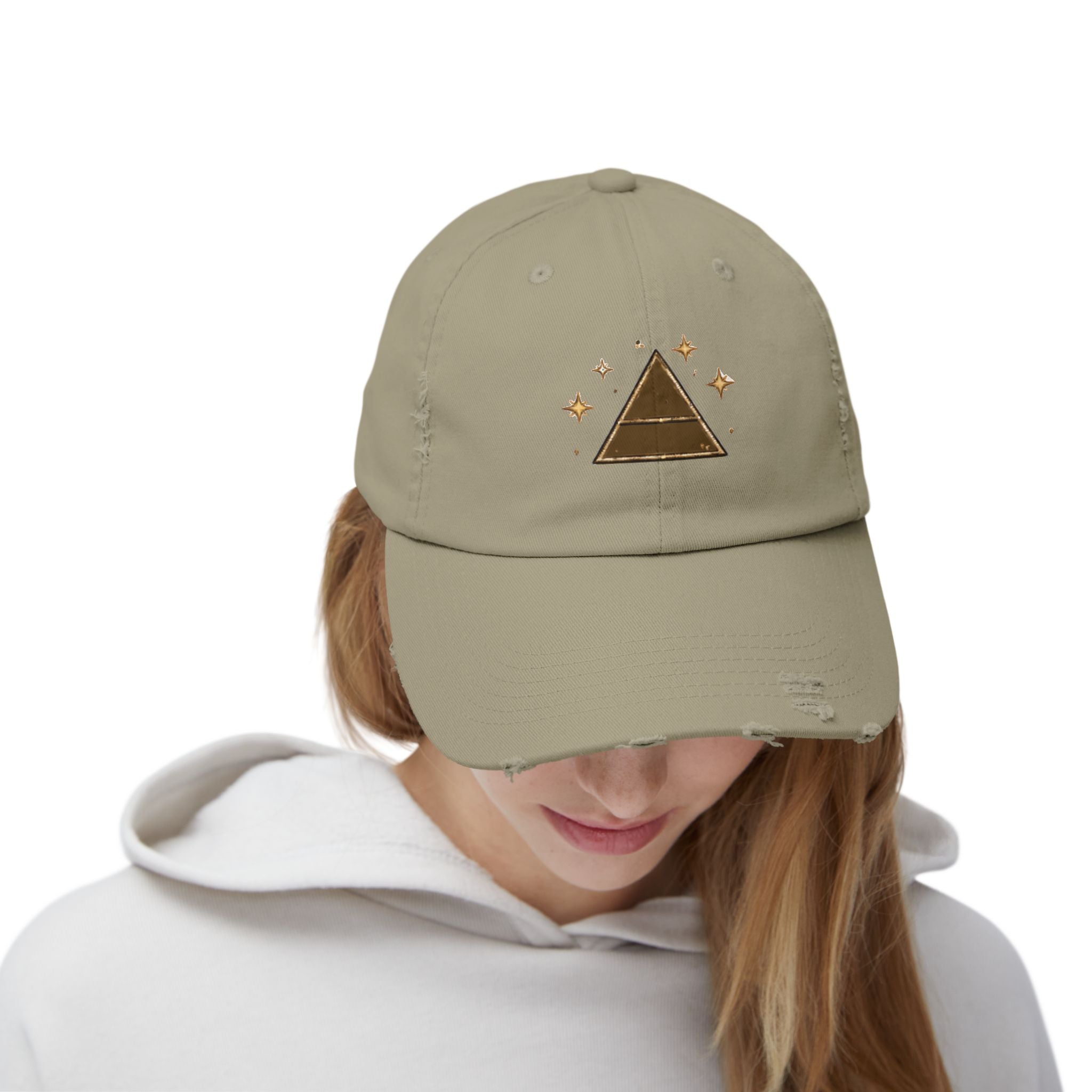 Old Soul Apothecary Distressed Pyramid Cap — Vintage Gold Triangle Embroidered Hat - Creations by Chris and Carlos