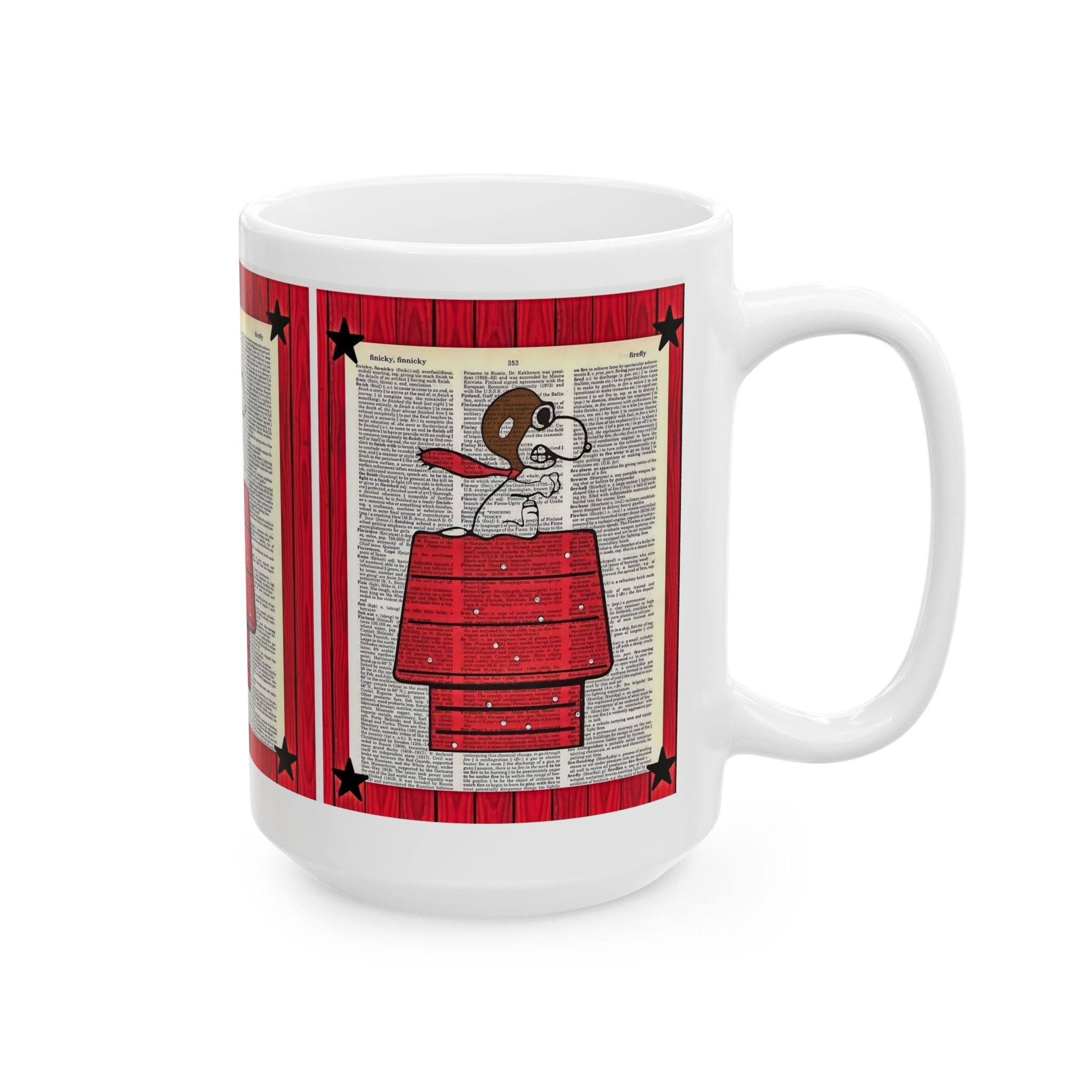 Vintage Snoopy Red Doghouse Ceramic Mug — Retro Dictionary Art Coffee Cup (11oz/15oz) - Creations by Chris and Carlos
