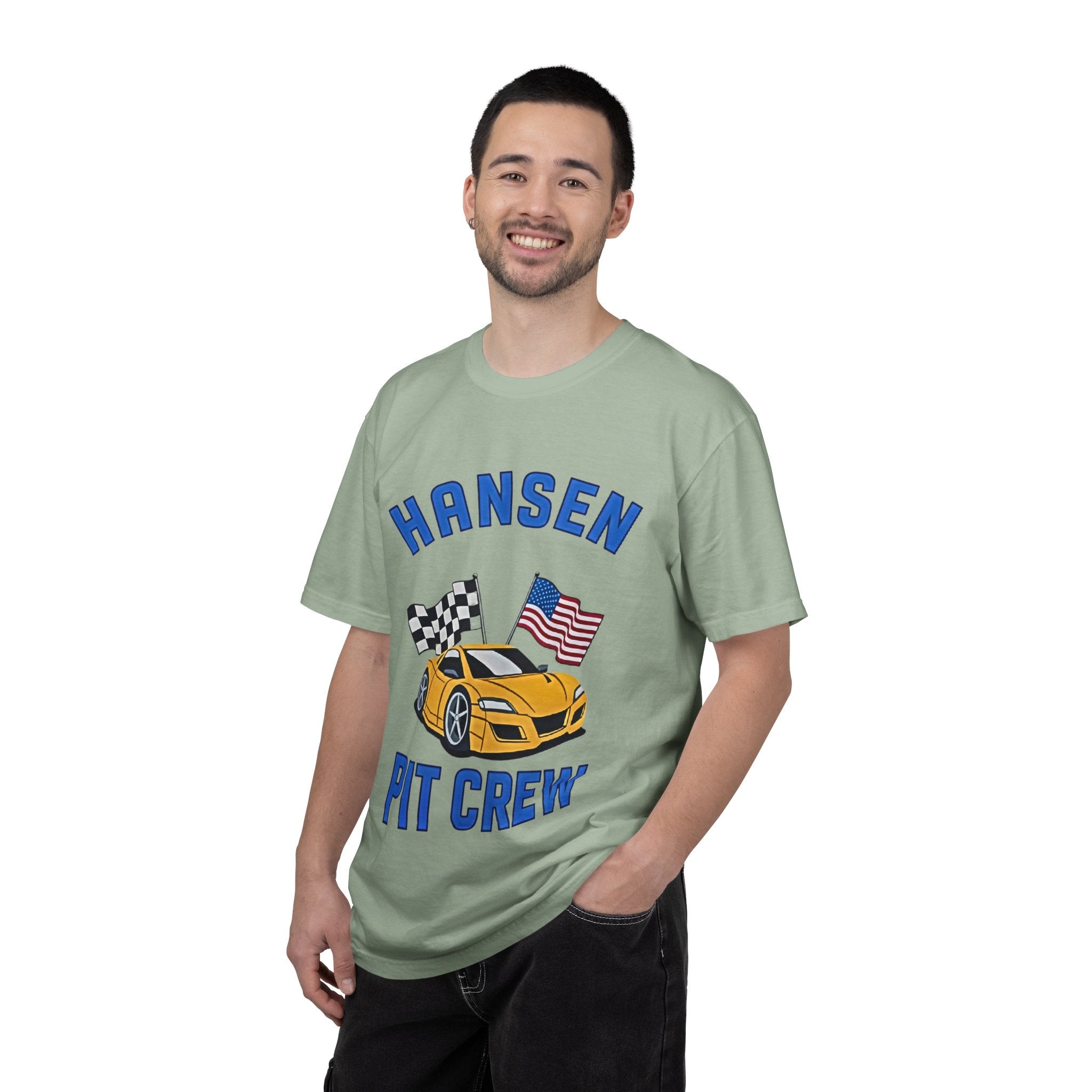 The Pitt TV Show Pit Crew Racing T‑Shirt — 'Hansen' Sports Car with Checkered Flag & American Flag - Creations by Chris and Carlos