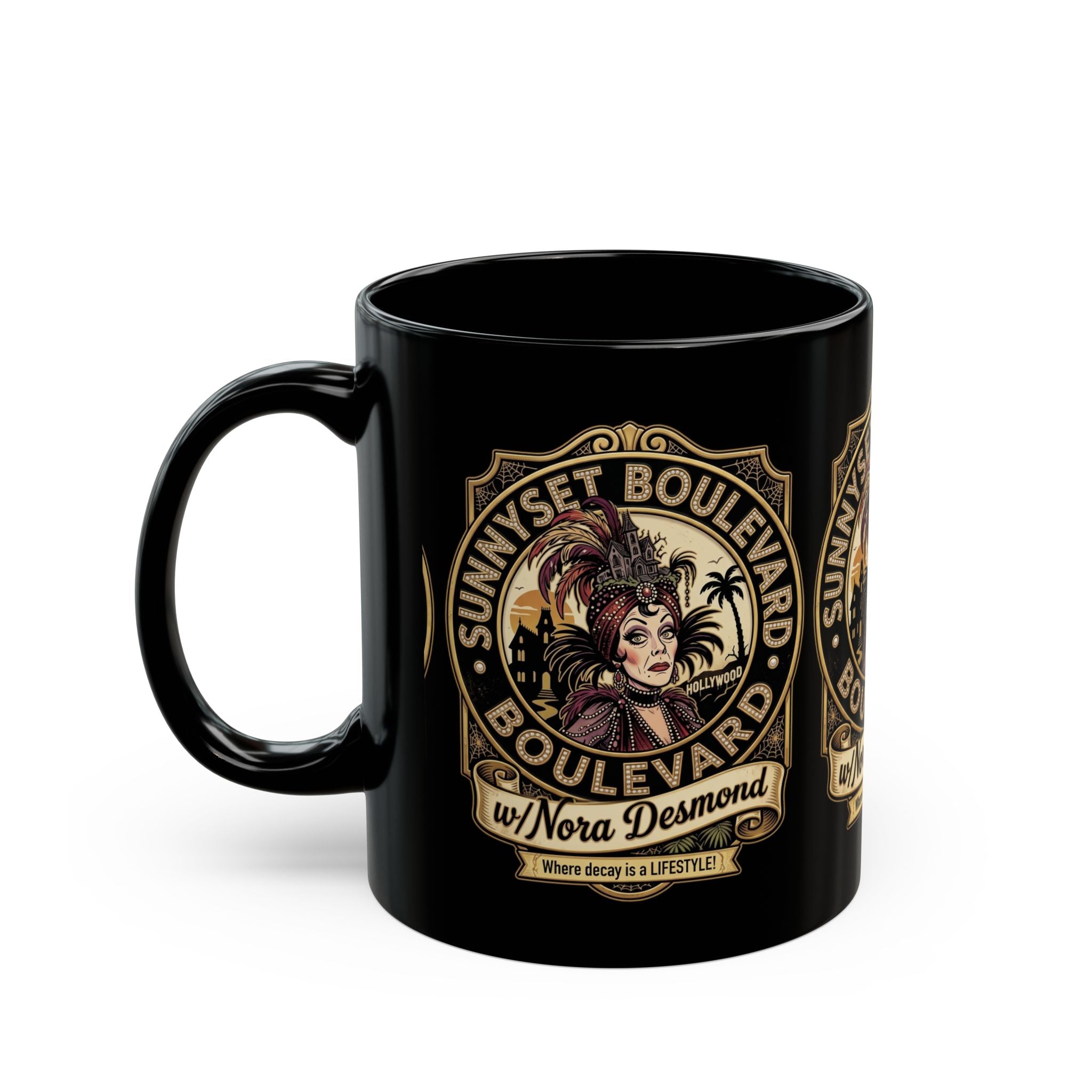 Black Mug — "Sunyset Boulevard w/ Nora Desmond" Vintage Glam Coffee Mug (11oz/15oz) - Creations by Chris and Carlos