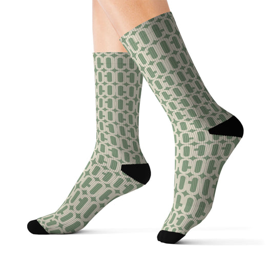 Prism Point Athletic Collection- Geometric Sage Pattern Sublimation Socks Cozy Retro Chainlink Crew Socks - Creations by Chris and Carlos