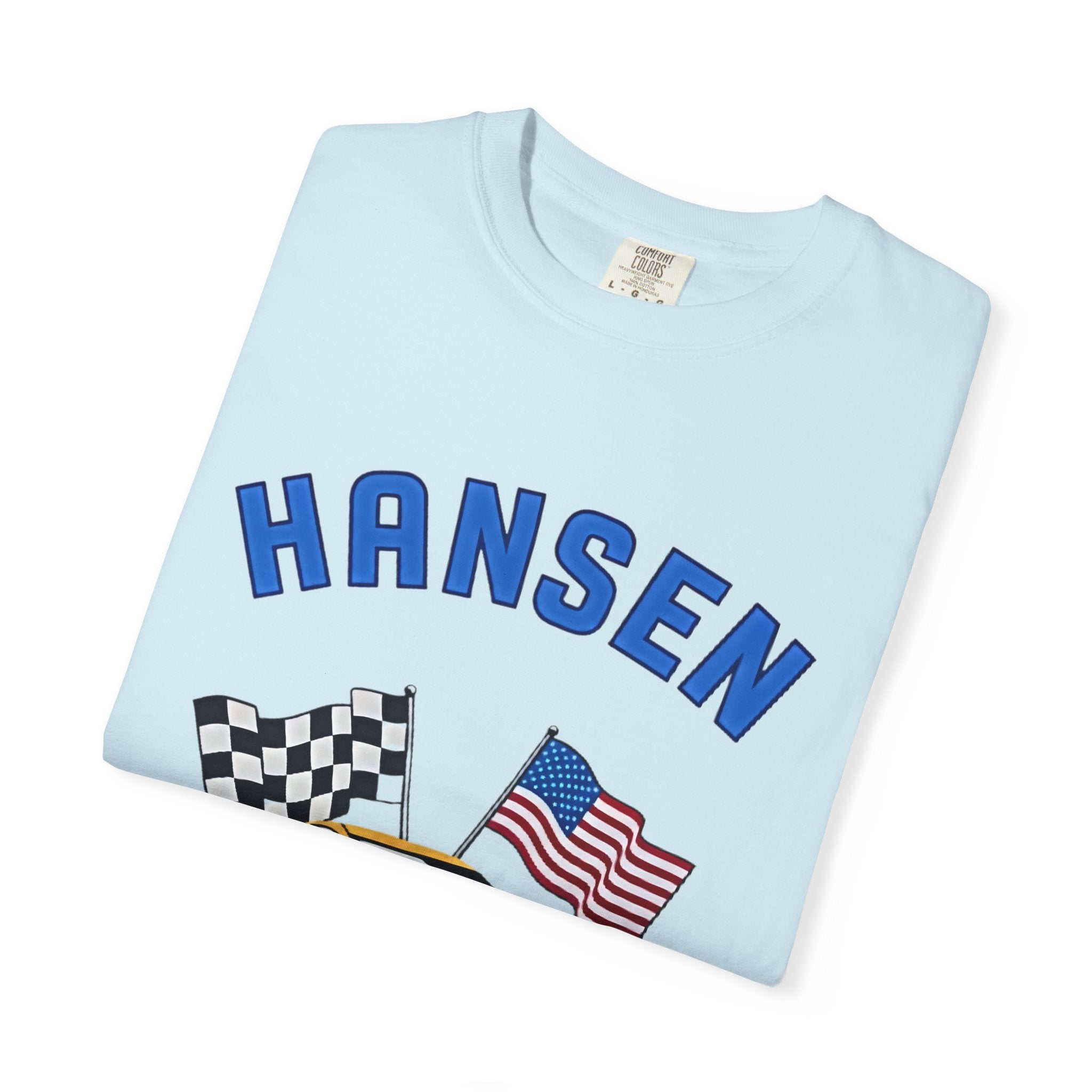 The Pitt TV Show Pit Crew Racing T‑Shirt — 'Hansen' Sports Car with Checkered Flag & American Flag - Creations by Chris and Carlos