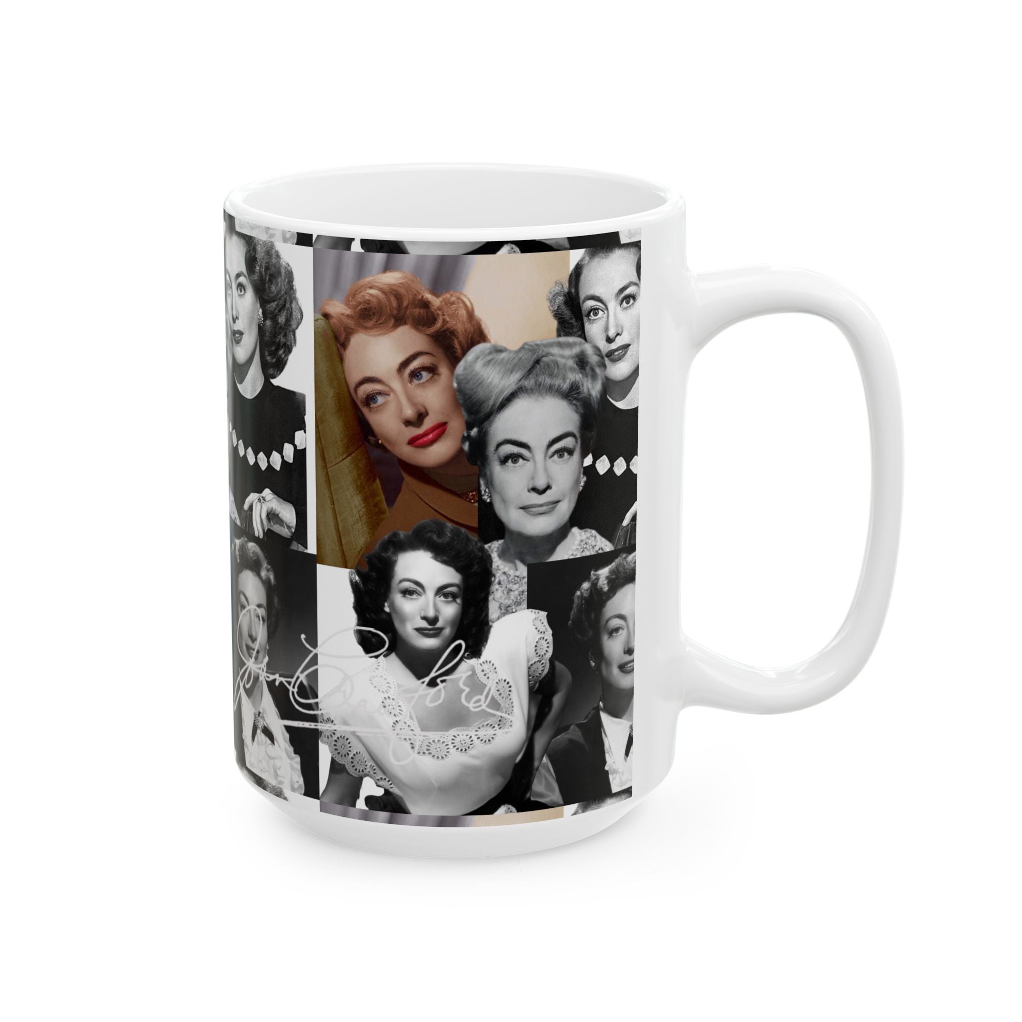 Retro Hollywood Actress Joan Crawford Collage Mug — Vintage Glamour Ceramic Coffee Cup (11oz/15oz) - Creations by Chris and Carlos