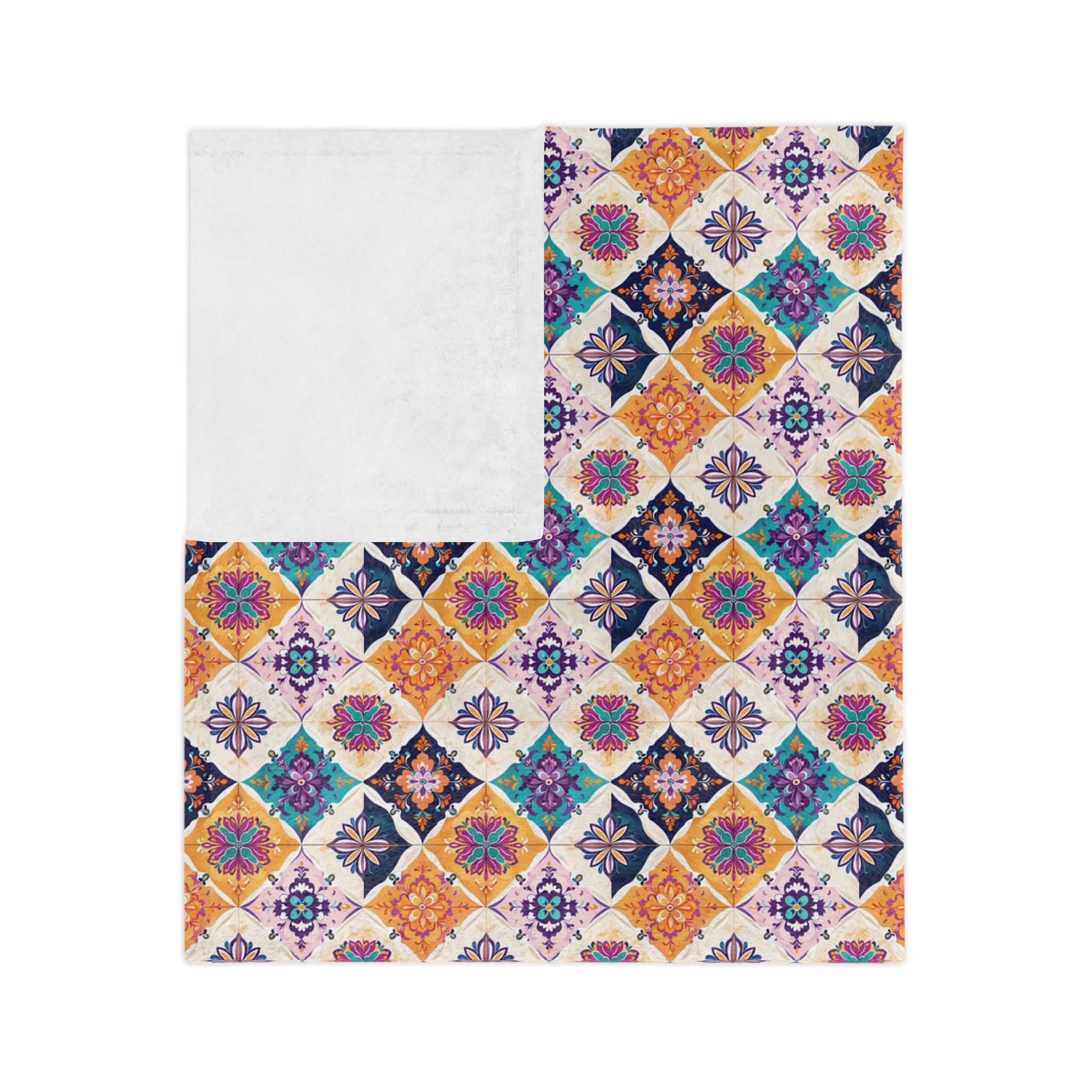 Velveteen Microfiber Blanket — Colorful Moroccan Tile Pattern Cozy Throw - Creations by Chris and Carlos