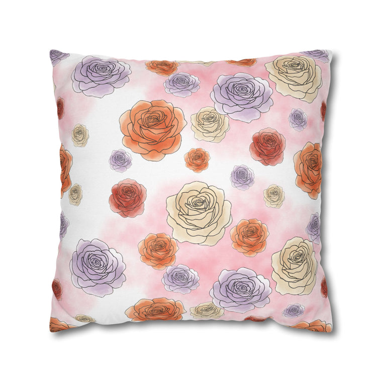 Garden Party | Floral Watercolor Rose Pillowcase — Pink Pastel Decorative Throw Pillow Cover