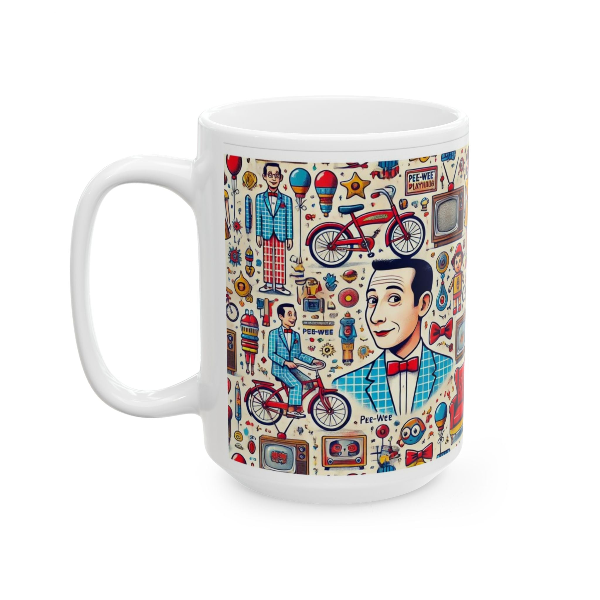 Retro Pattern Ceramic Mug — Pee Wee Herman Vintage TV, Bicycle & 1950s Family Illustration (11oz/15oz) - Creations by Chris and Carlos