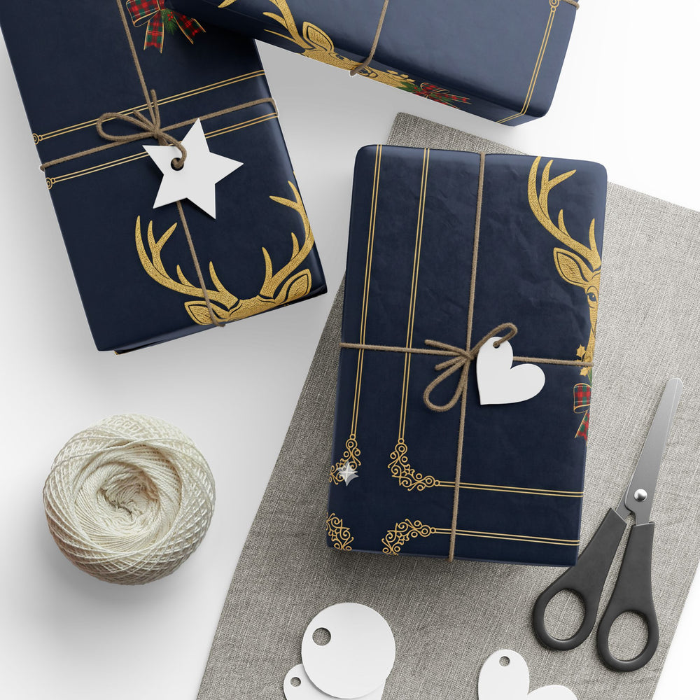 Holiday Navy Reindeer Wrapping Paper — Elegant Gold Antler & Wreath Gift Wrap
