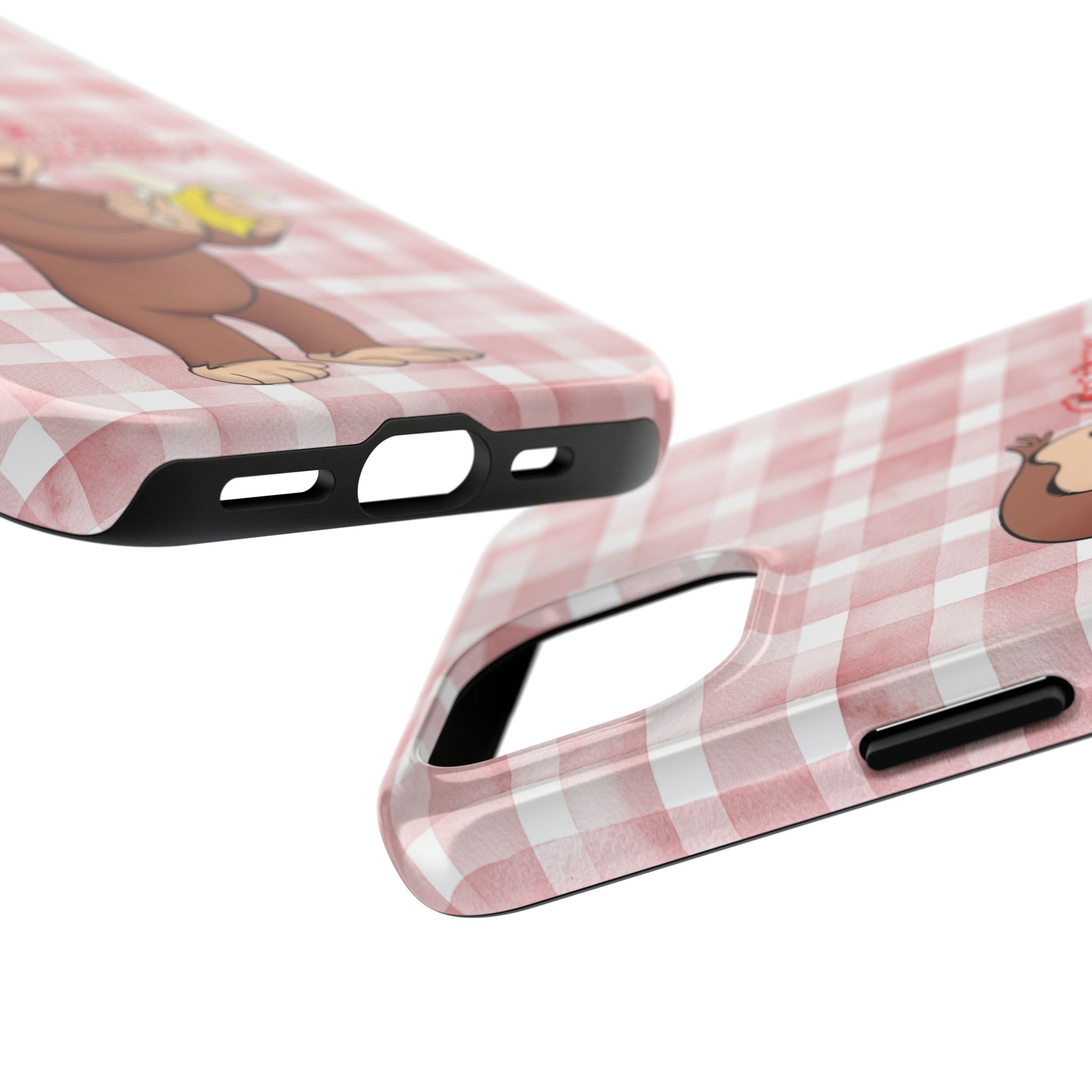 Curious George Banana Tough Phone Case — Cute Kids iPhone Cover, Pink Gingham Protective Case - Creations by Chris and Carlos