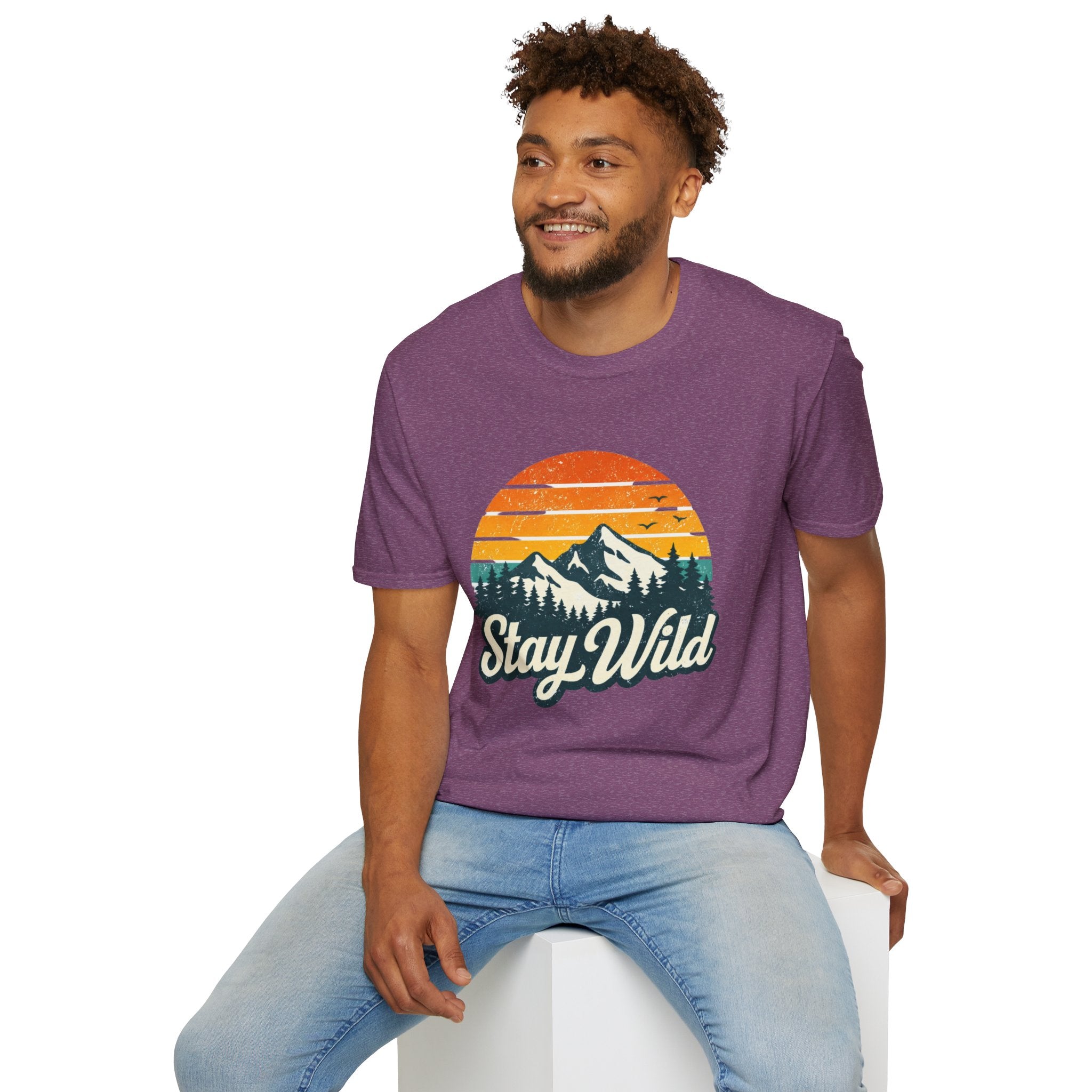 Stay Wild Mountain T-Shirt — Vintage Sunset Outdoor Adventure Tee - Creations by Chris and Carlos