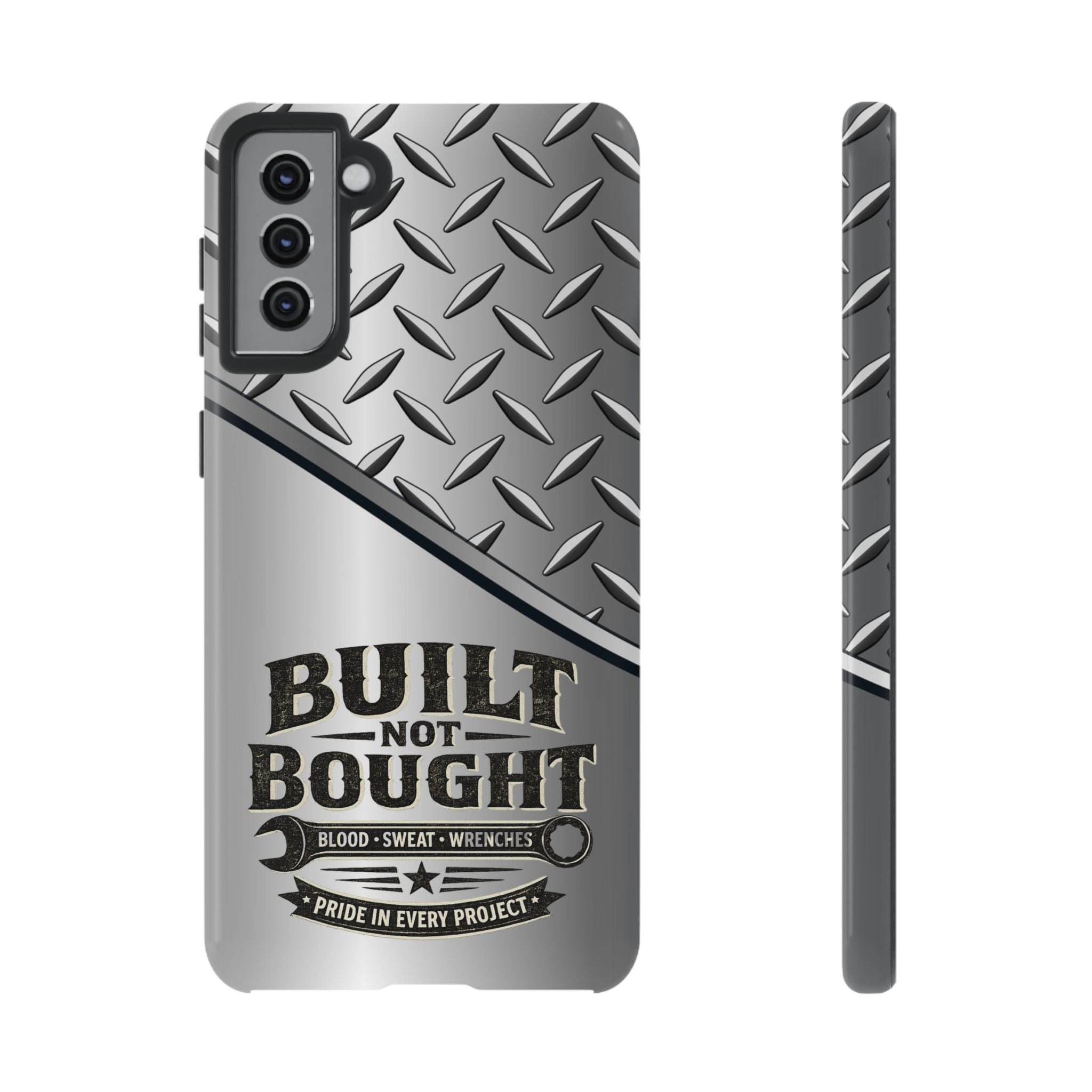 Built Not Bought Metal Diamond-Plate Phone Case — Rugged Tool Lover Gift - Creations by Chris and Carlos