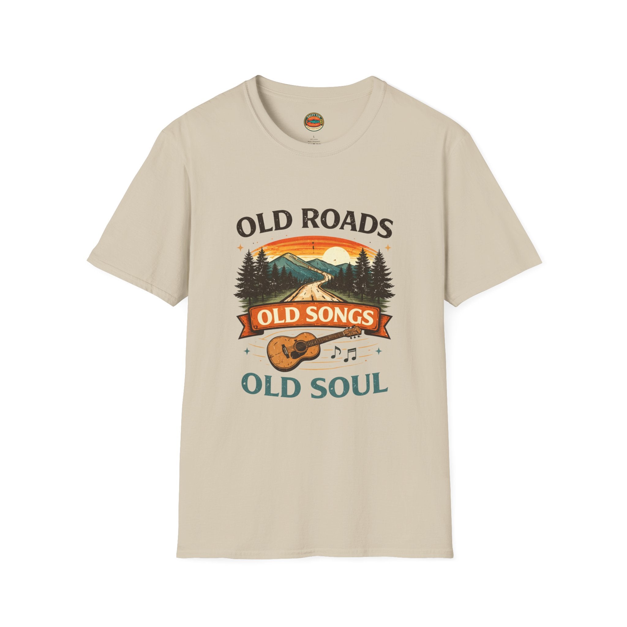 Old Roads Old Songs Old Soul T-Shirt – Vintage Guitar & Mountain Graphic - Creations by Chris and Carlos