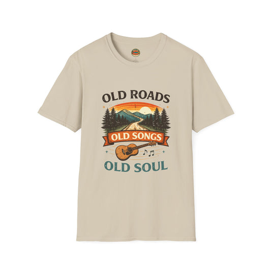 Old Roads Old Songs Old Soul T-Shirt – Vintage Guitar & Mountain Graphic - Creations by Chris and Carlos