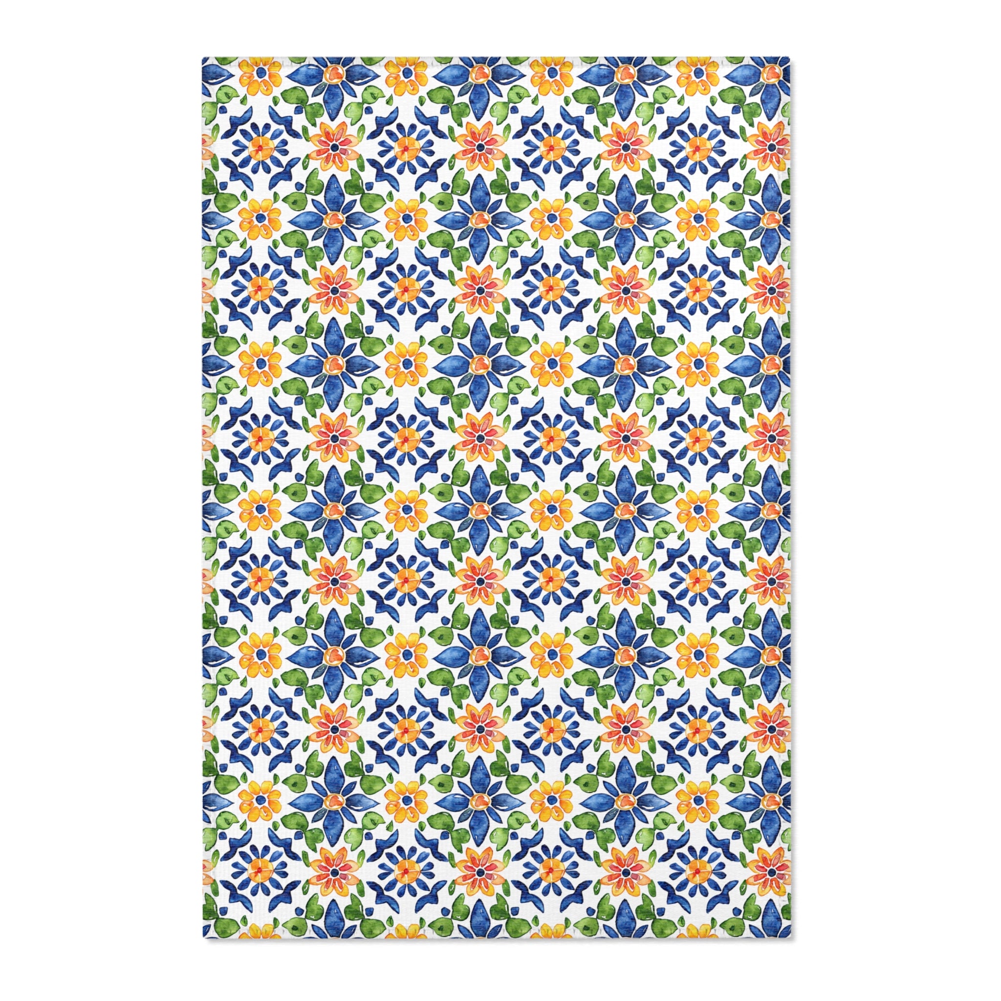 Sol y Alegría (Sun and Joy) Collection- Mediterranean Floral Area Rug — Colorful Blue & Yellow Tile Pattern - Creations by Chris and Carlos