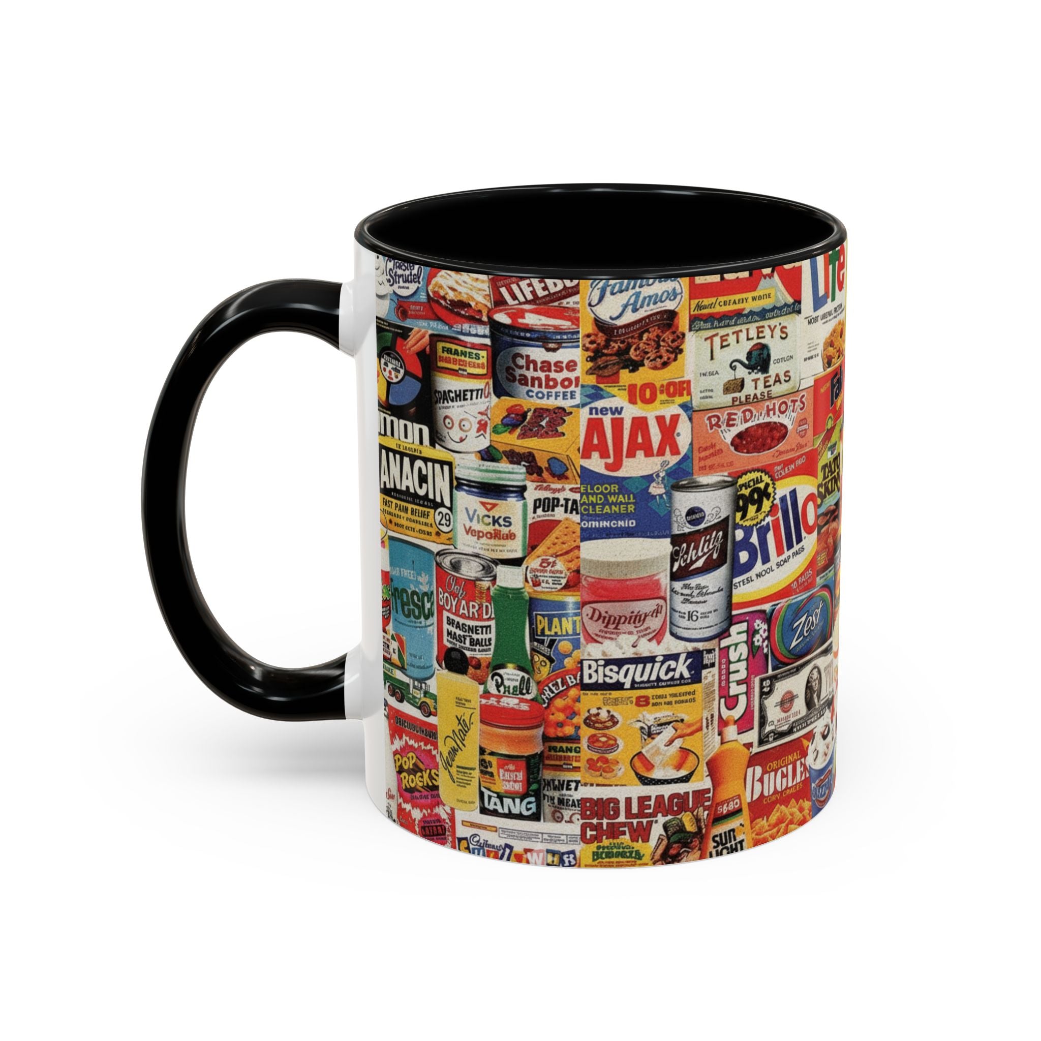 Vintage Retro Ads Coffee Mug — Collage of Classic Brand Labels (11/15oz Accent Mug) - Creations by Chris and Carlos