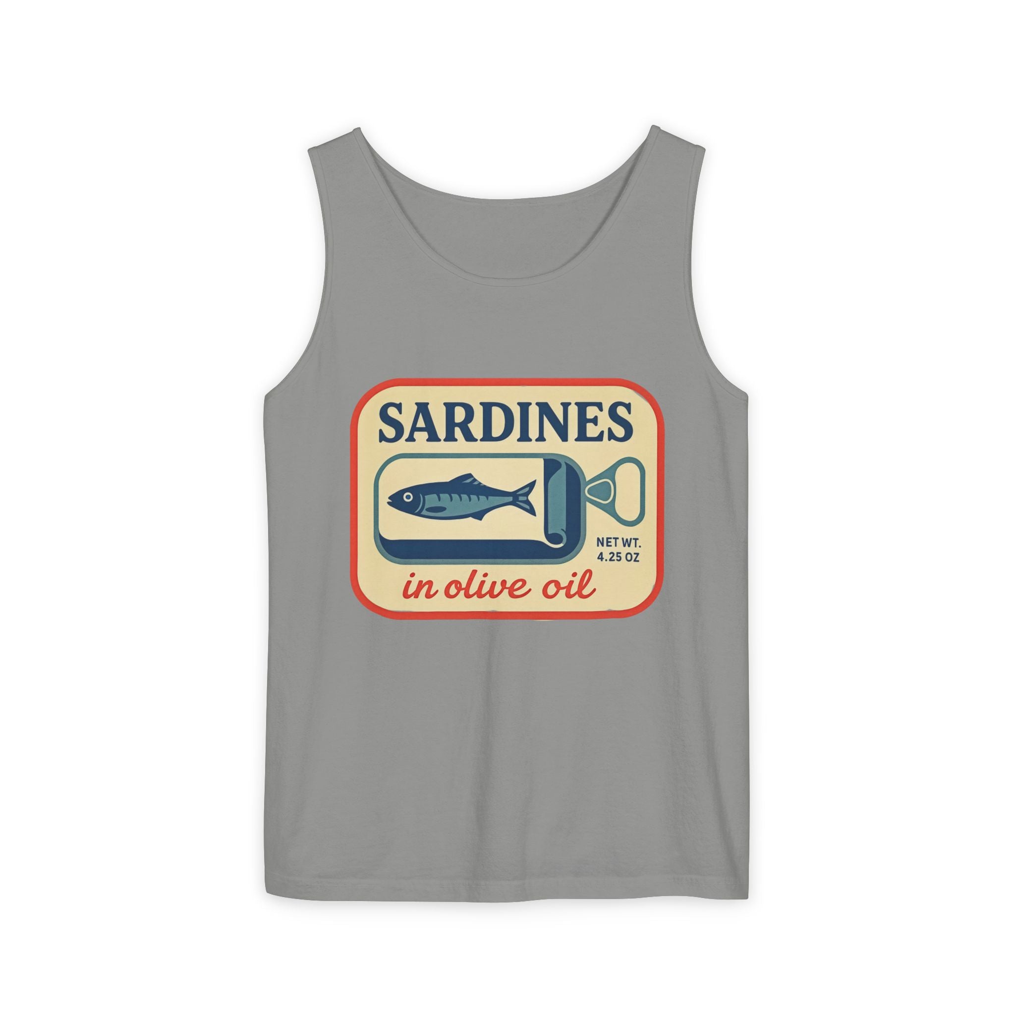 Sardines in Olive Oil Tank Top — Retro Seafood Can Graphic - Creations by Chris and Carlos