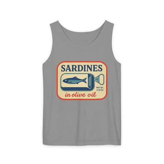 Sardines in Olive Oil Tank Top — Retro Seafood Can Graphic - Creations by Chris and Carlos