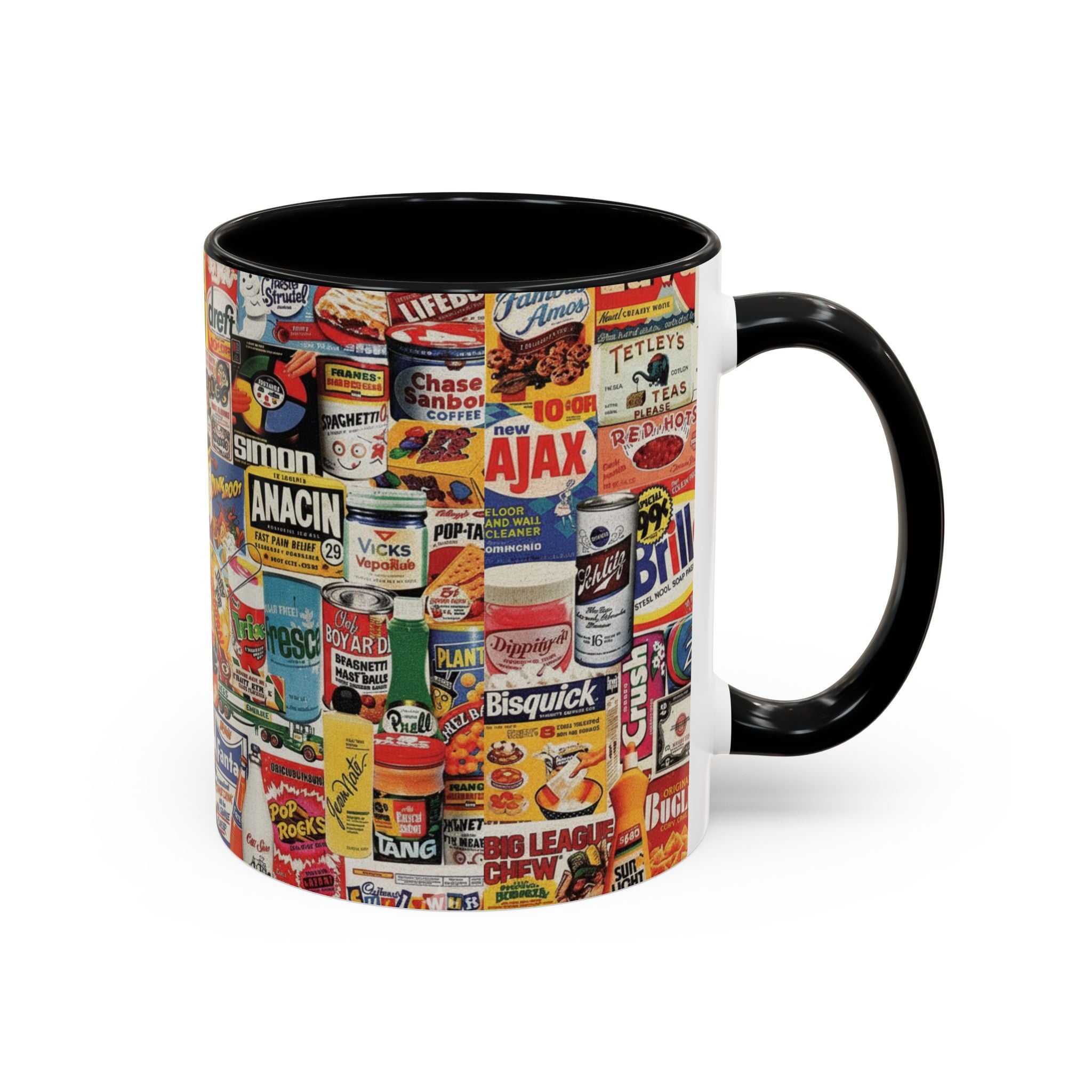Vintage Retro Ads Coffee Mug — Collage of Classic Brand Labels (11/15oz Accent Mug) - Creations by Chris and Carlos
