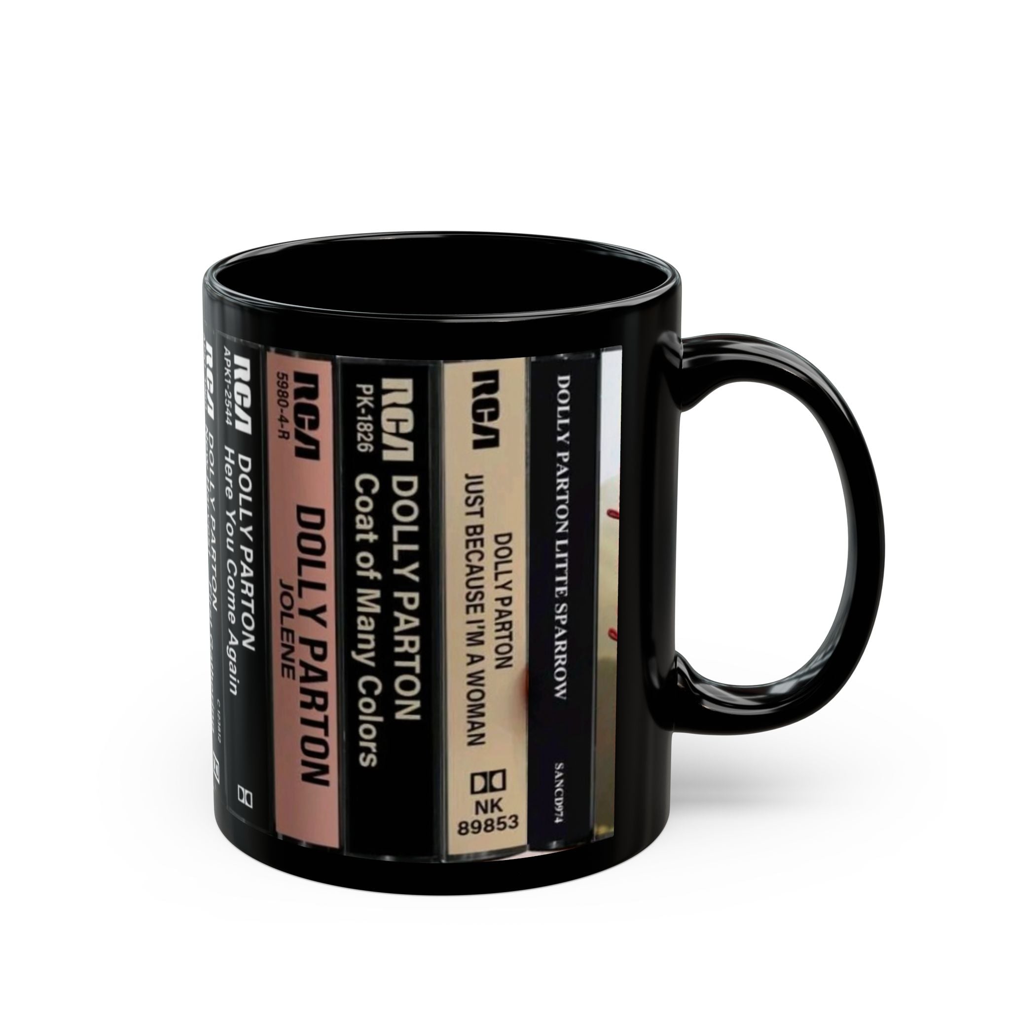 Dolly Parton Cassette Tape Spine Black Mug — Retro Music Coffee Cup (11oz/15oz) - Creations by Chris and Carlos