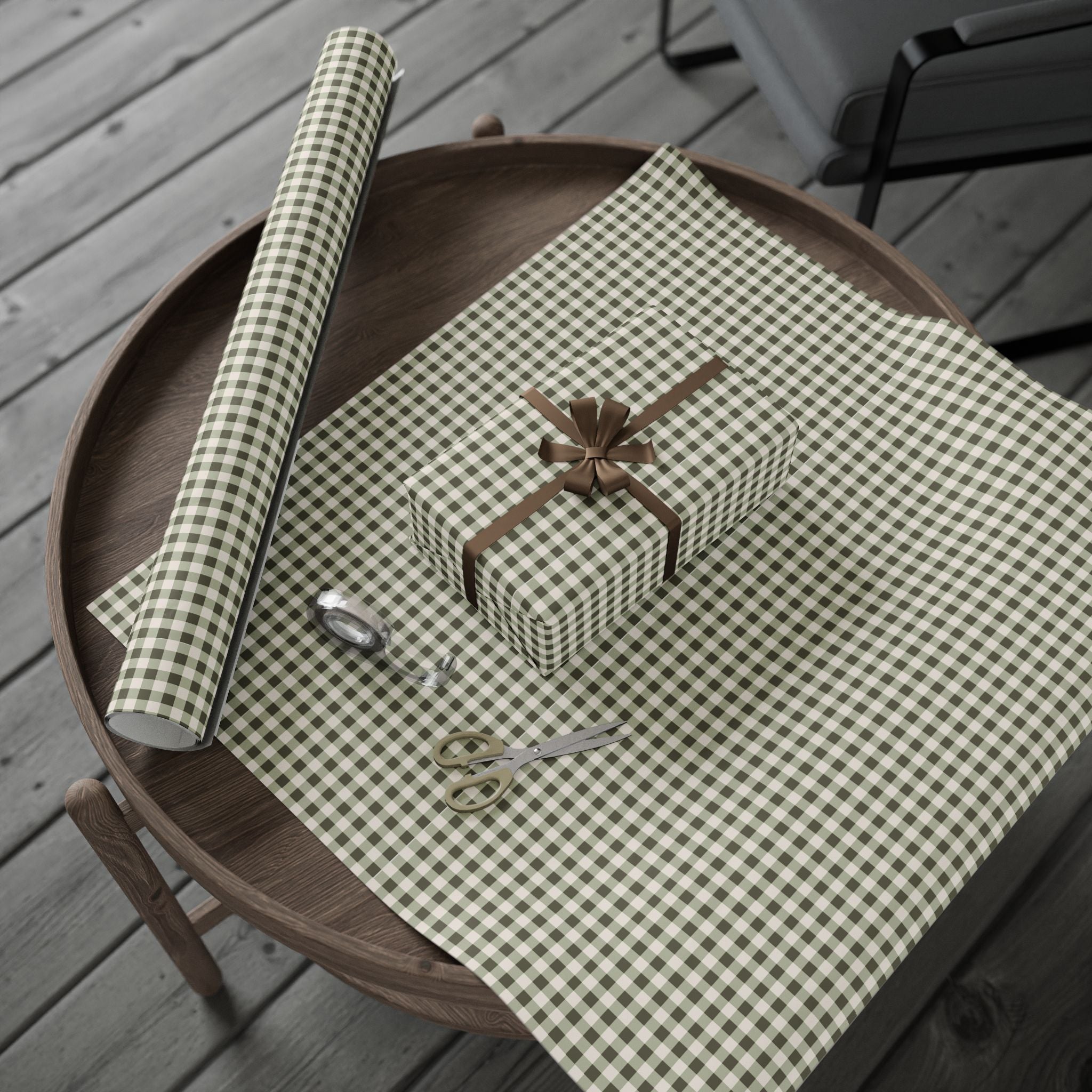 Gingham Plaid Wrapping Paper Roll — Neutral Green Check Holiday Gift Wrap - Creations by Chris and Carlos