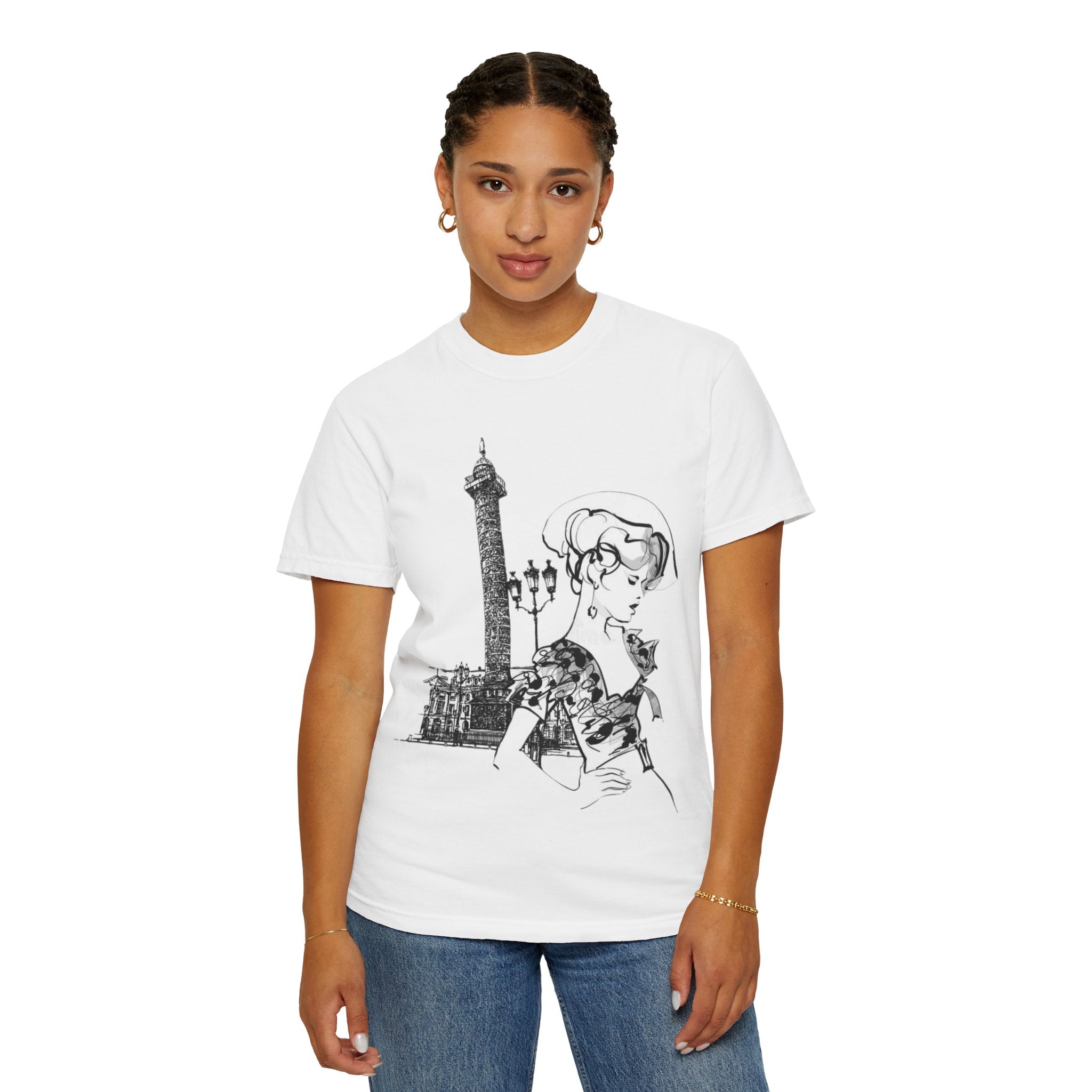 Parisian Vintage Illustration T-Shirt — Eiffel Tower & Chic Lady Tee - Creations by Chris and Carlos