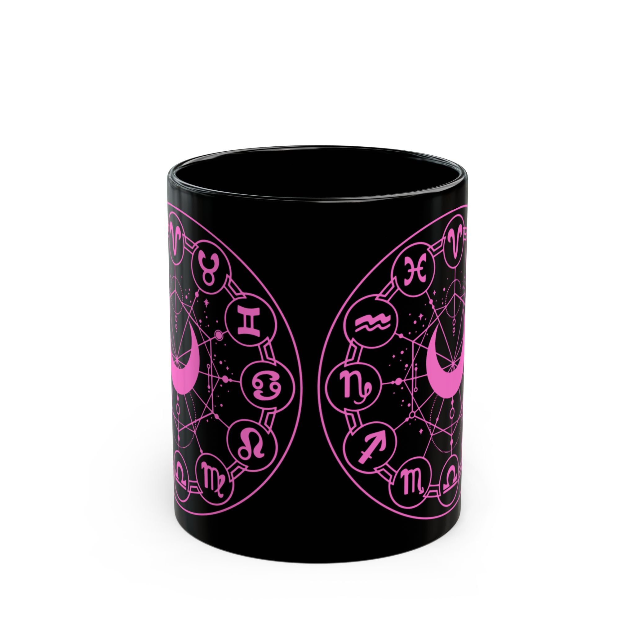 Zodiac Wheel Black Mug — Pink Astrology Symbols Coffee Cup (11oz/15oz) - Creations by Chris and Carlos