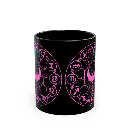 Zodiac Wheel Black Mug — Pink Astrology Symbols Coffee Cup (11oz/15oz) - Creations by Chris and Carlos