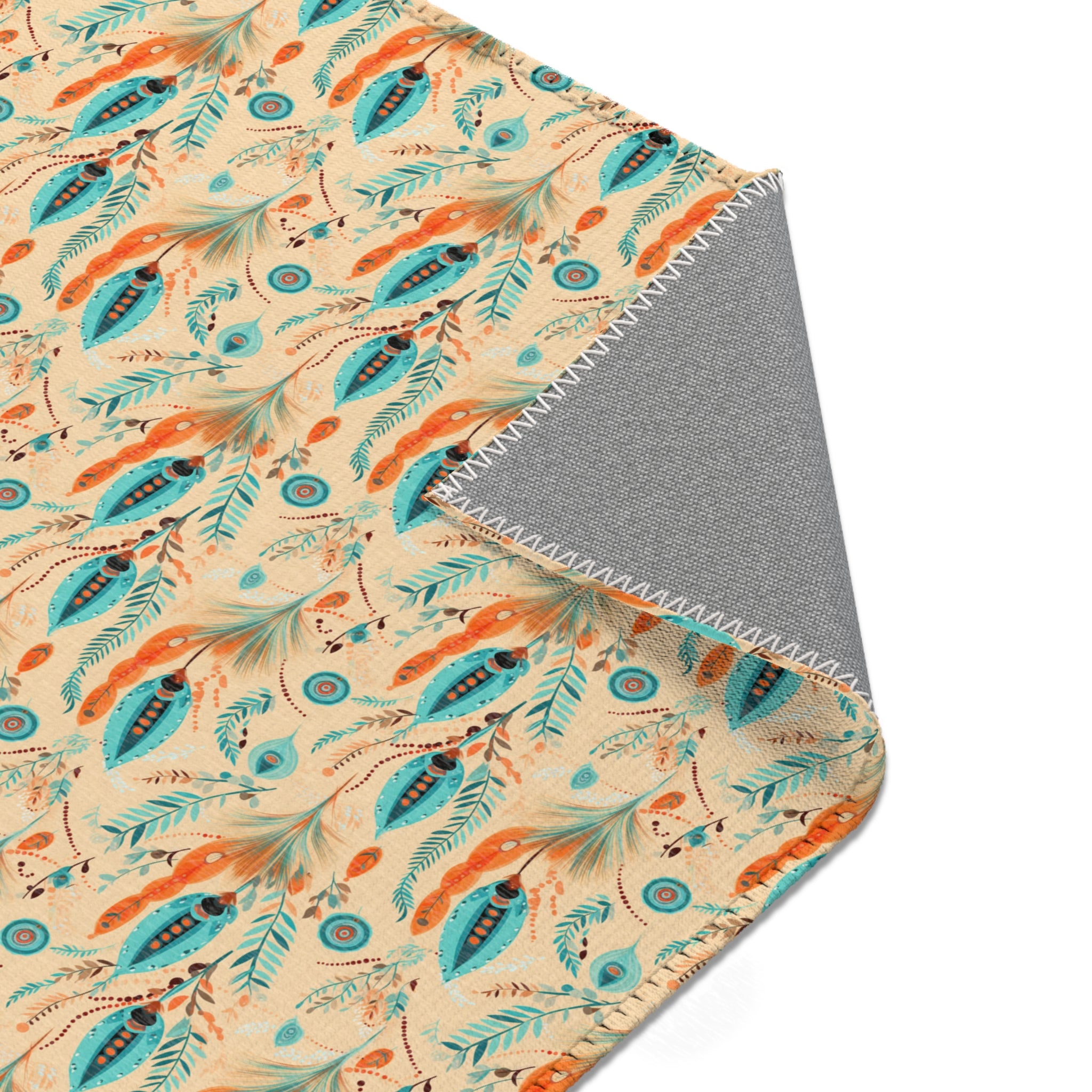 Sol y Alegría (Sun and Joy) Collection- Boho Feather Pattern Area Rug — Turquoise & Coral Accent Rug - Creations by Chris and Carlos