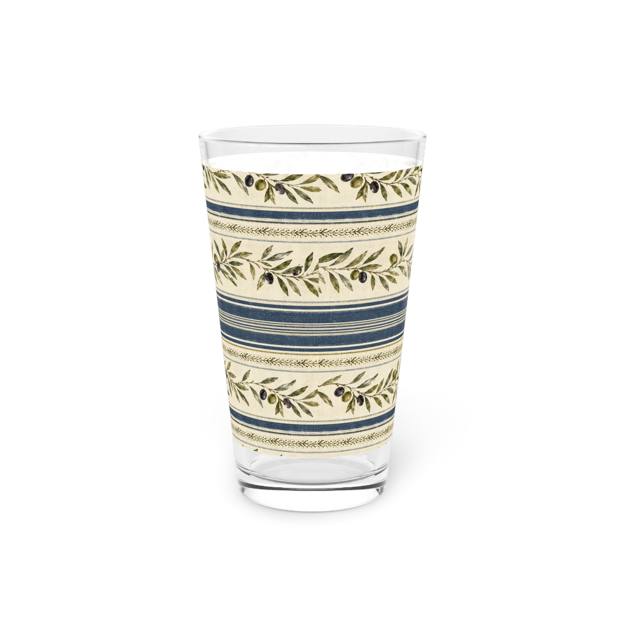 Olive Branch Striped Pint Glass — 16oz Rustic Mediterranean Beer Glass - Creations by Chris and Carlos