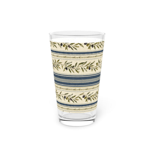 Olive Branch Striped Pint Glass — 16oz Rustic Mediterranean Beer Glass - Creations by Chris and Carlos