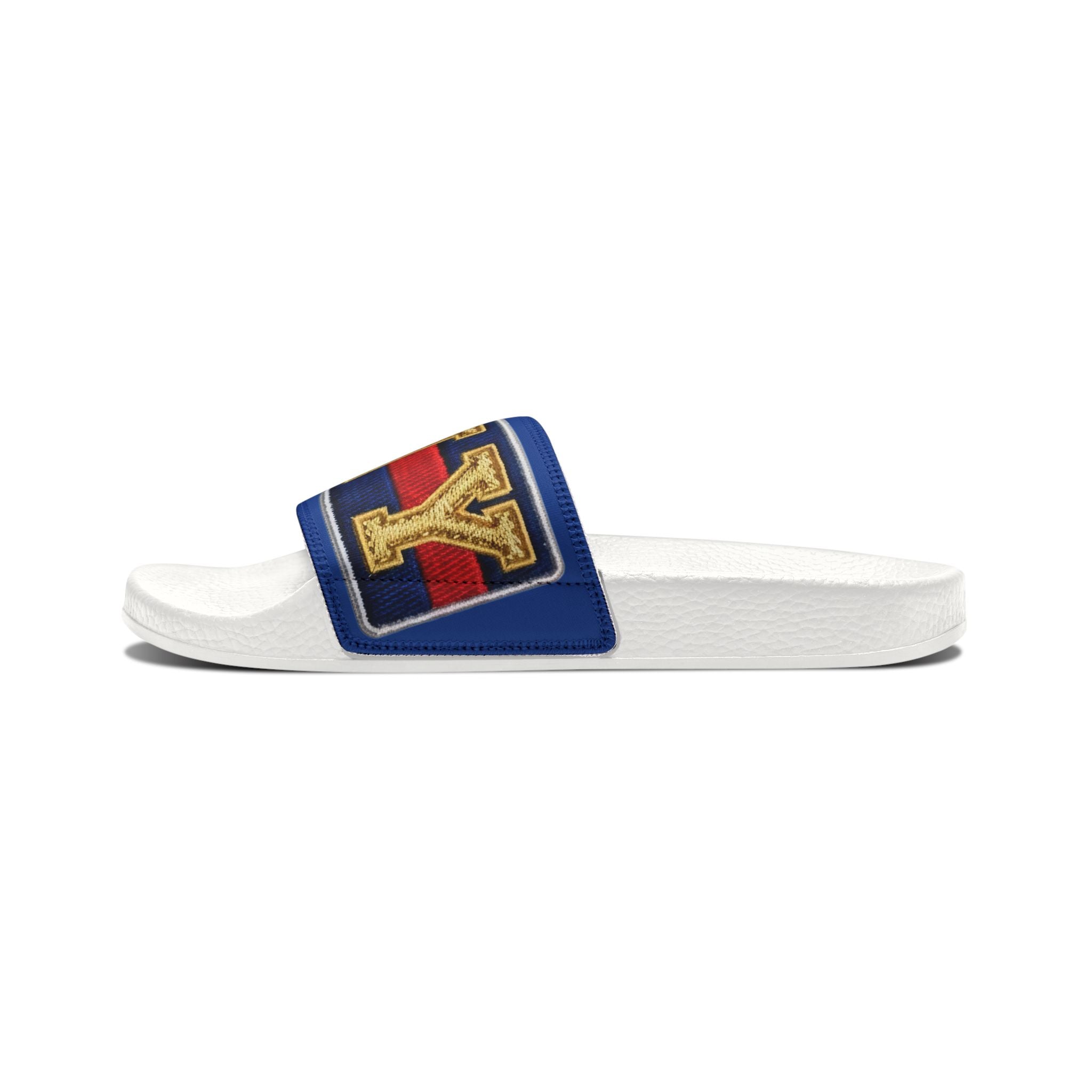 Men's Slide Sandals — BNY Bunny Inspired Retro Lettering Navy & Red Strap - Creations by Chris and Carlos