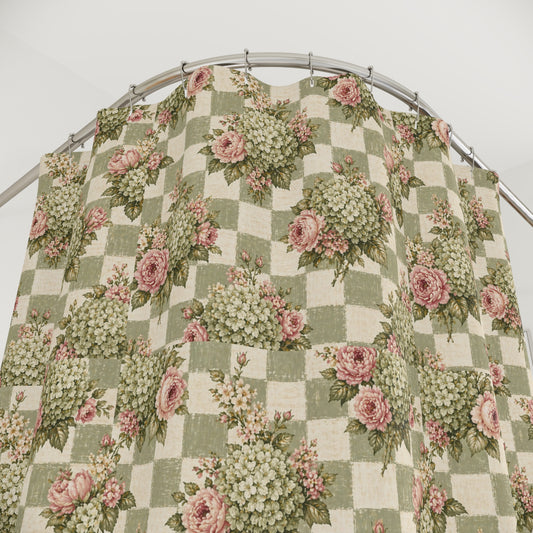 Floral Check Vintage Shower Curtain — Pink Roses & Green Hydrangea Pattern - Creations by Chris and Carlos