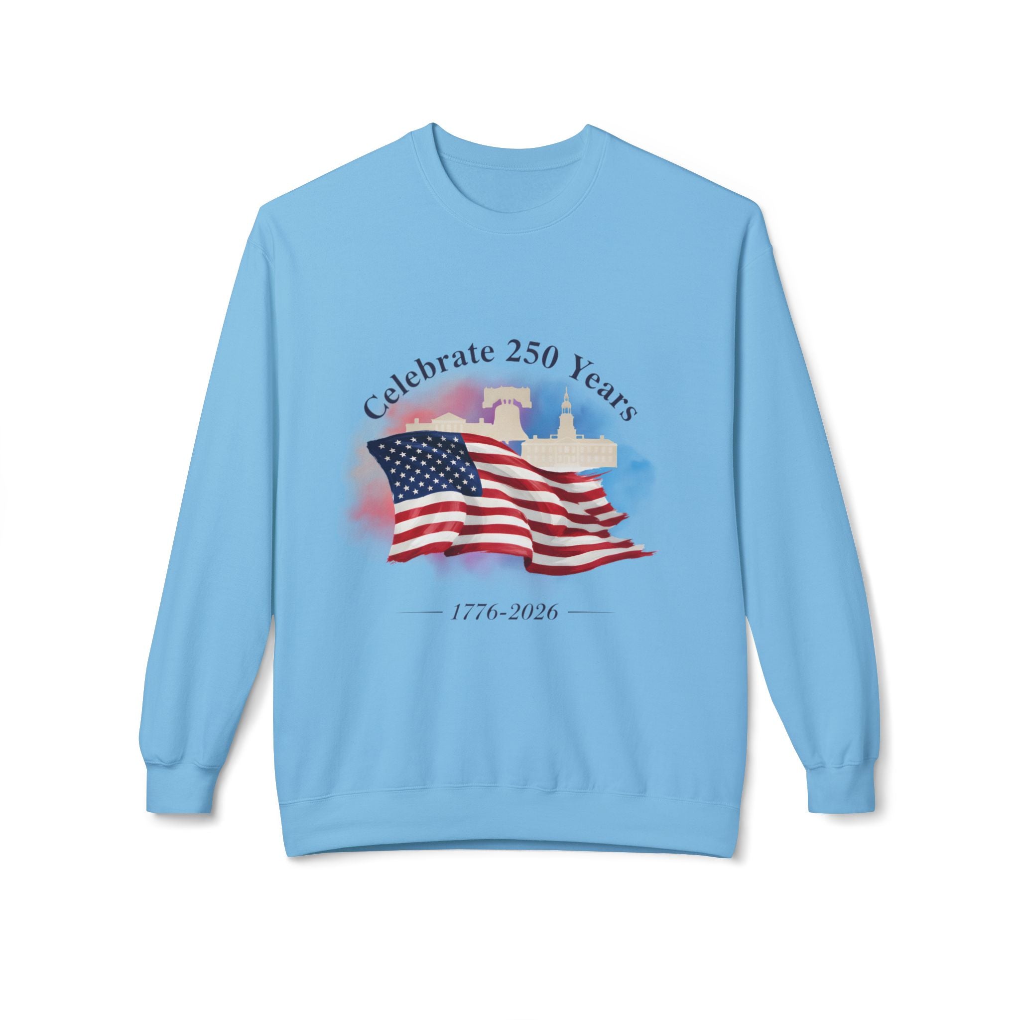 Crewneck Sweatshirt — "Celebrate 250 Years" American Flag 1776–2026 Patriotic Pullover - Creations by Chris and Carlos