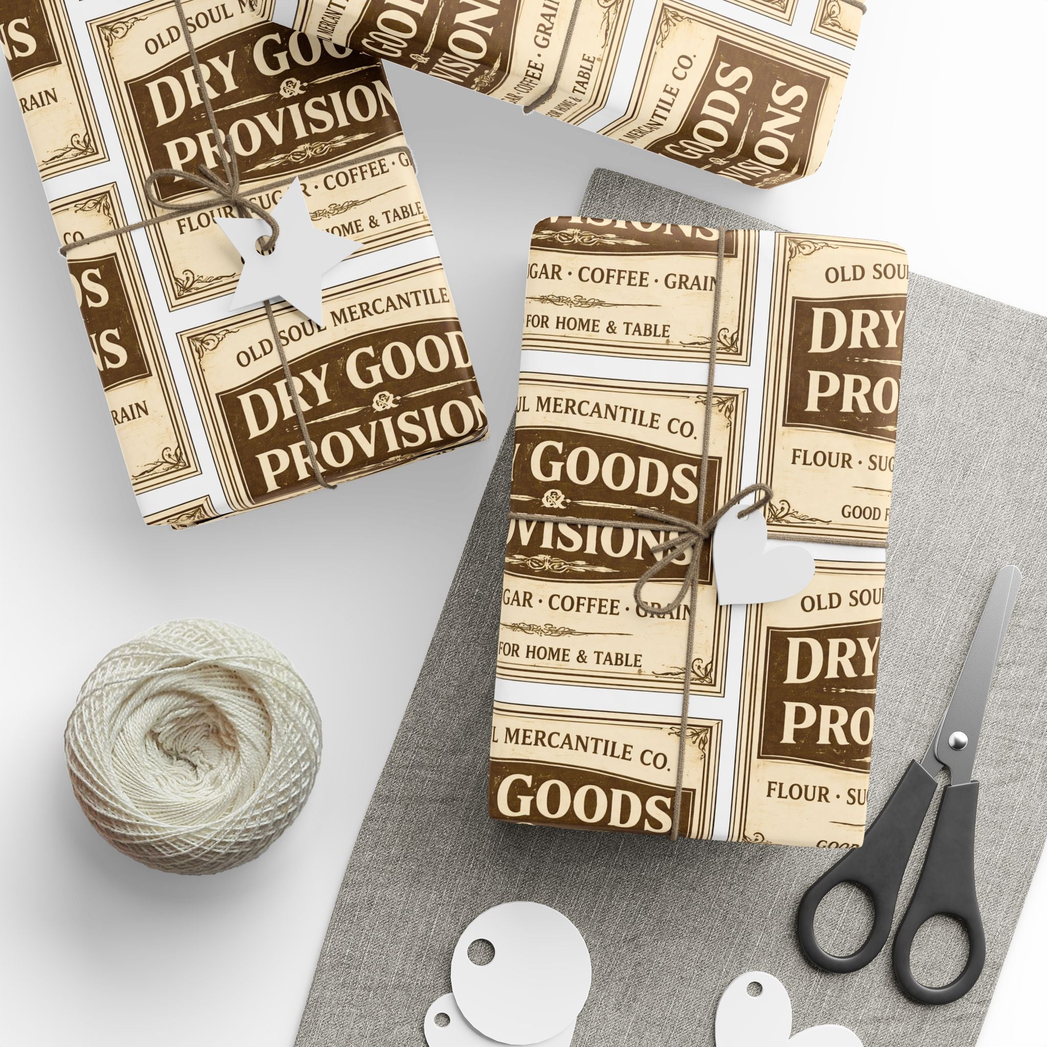 Wrapping Paper Roll — Vintage Pantry Labels Pattern, Brown & Cream Gift Wrap for Foodies & Home Cooks - Creations by Chris and Carlos