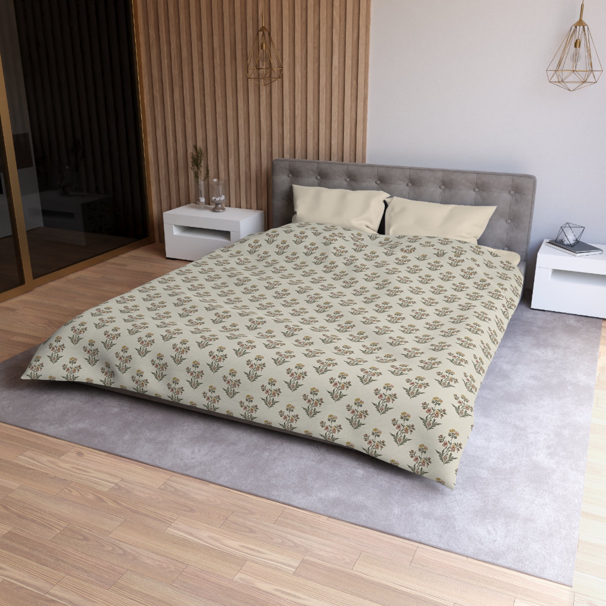 Neutral Floral Pattern Microfiber Duvet Cover — Minimal Boho Bedding - Creations by Chris and Carlos