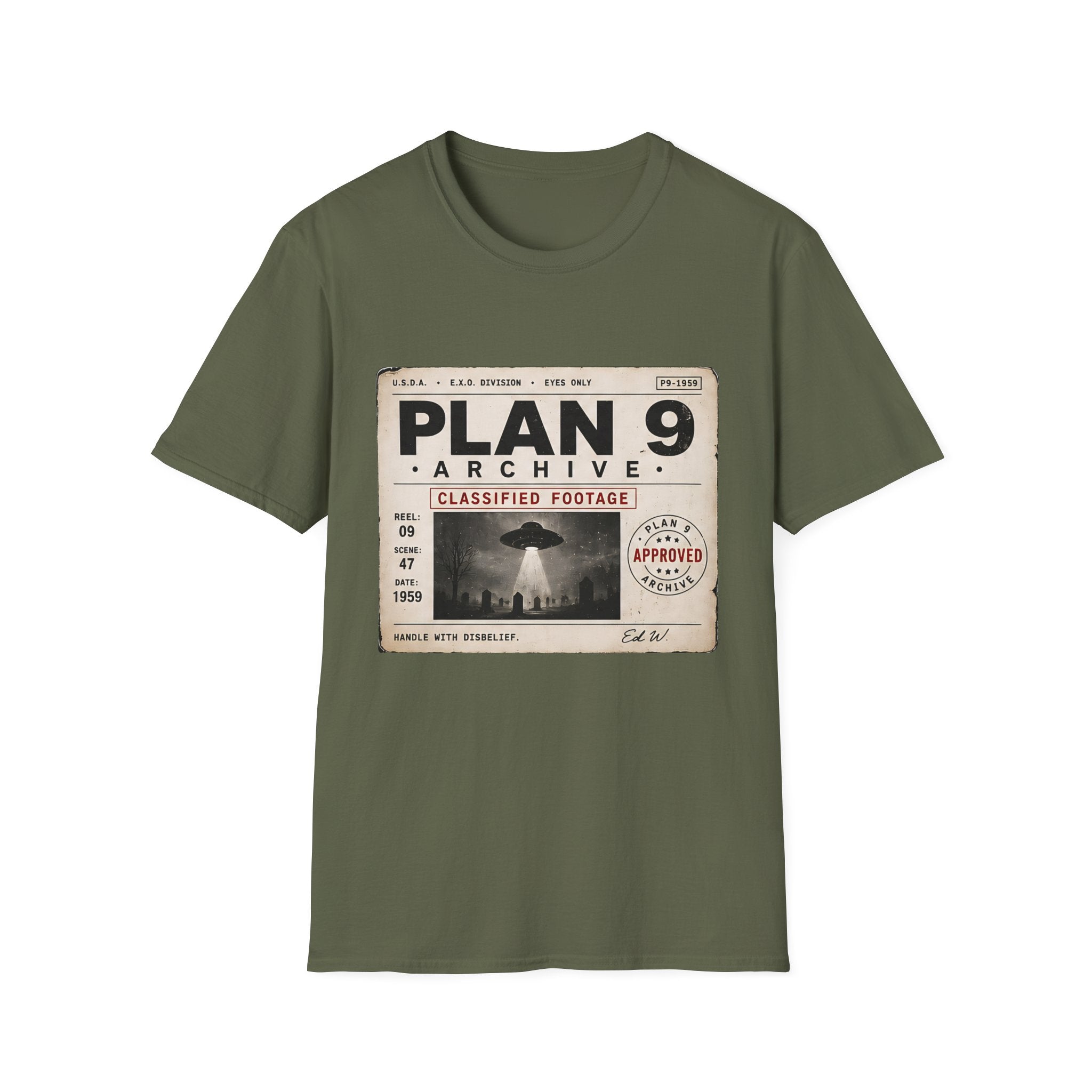 Plan 9 Archive UFO T-Shirt — Retro 'Classified Footage' Alien Badge Tee - Creations by Chris and Carlos