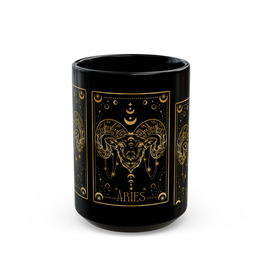 Aries Zodiac Black Mug — Gold Ram Astrology Coffee Cup (11oz & 15oz) - Creations by Chris and Carlos