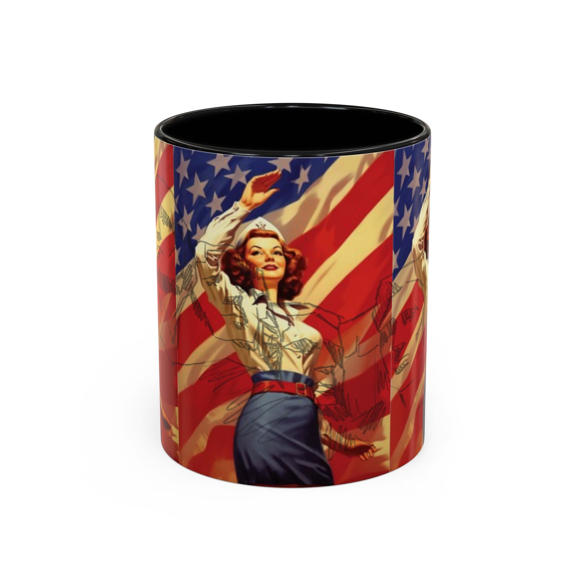 Patriotic Pin-Up Coffee Mug — Vintage American Flag Accent (11/15 oz) - Creations by Chris and Carlos