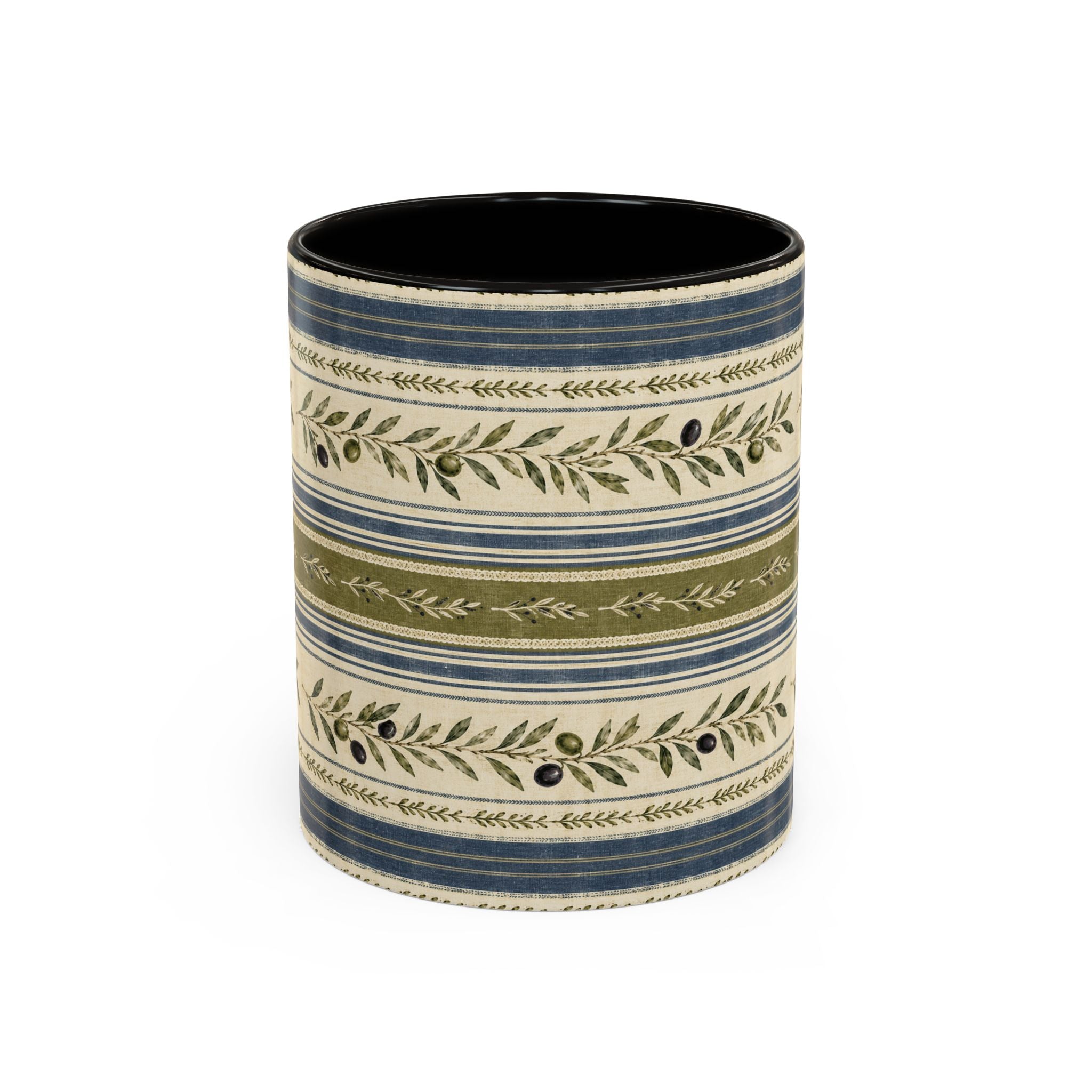 Botanical Stripe Ceramic Mug — Olive & Navy Patterned Coffee Cup (11oz/15oz) - Creations by Chris and Carlos