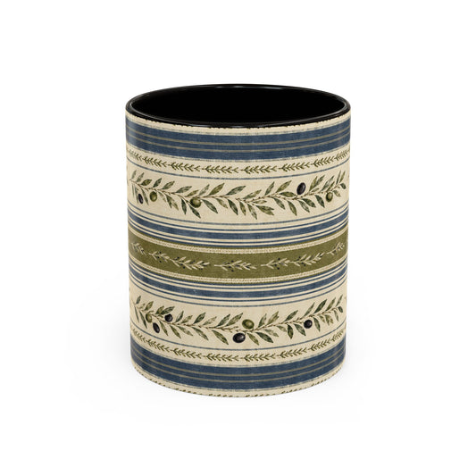 Botanical Stripe Ceramic Mug — Olive & Navy Patterned Coffee Cup (11oz/15oz) - Creations by Chris and Carlos
