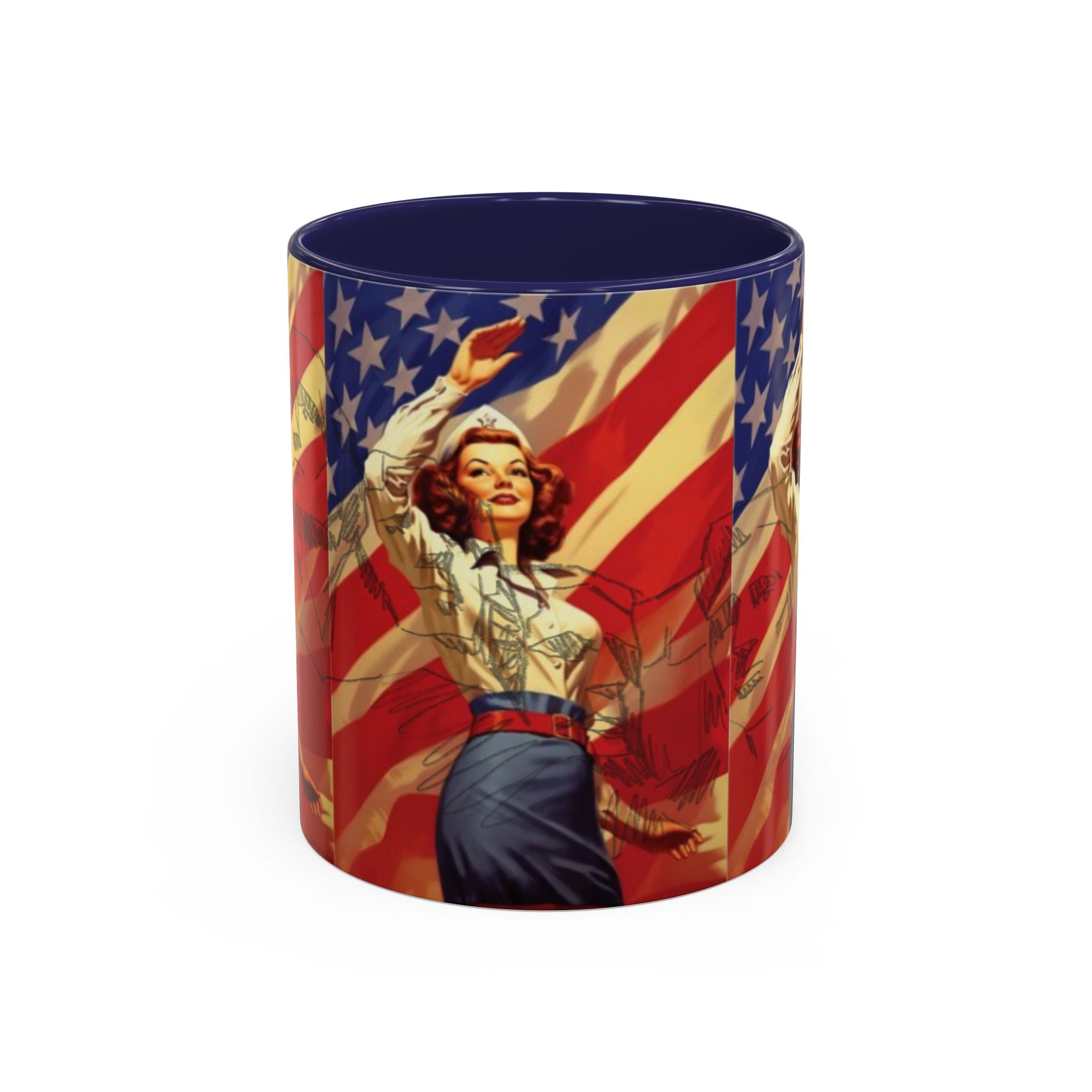 Patriotic Pin-Up Coffee Mug — Vintage American Flag Accent (11/15 oz) - Creations by Chris and Carlos