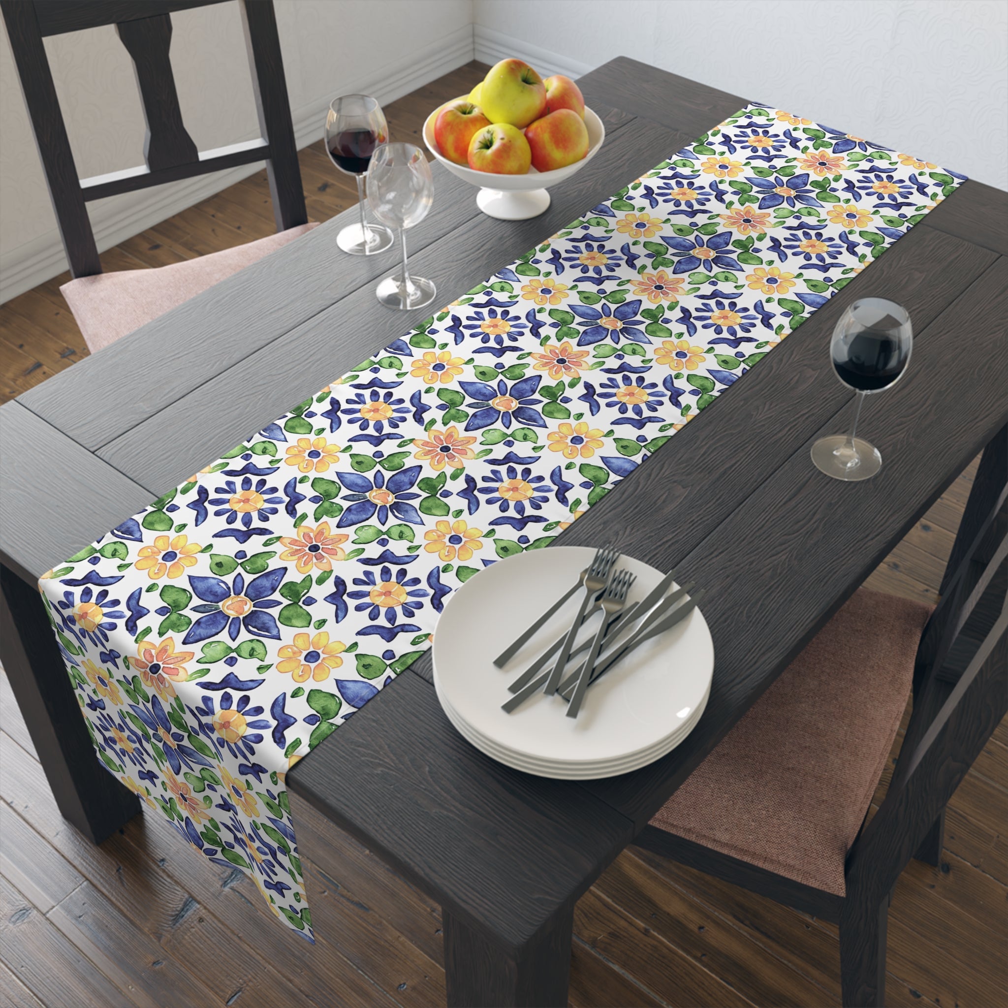 Sol y Alegría (Sun and Joy) Collection- Cactus Succulent Pattern Microfiber Blanket Soft Velveteen Throw for Home & Garden Lovers Floral Tile Table Runner — Blue & Yellow Mediterranean Pattern - Creations by Chris and Carlos