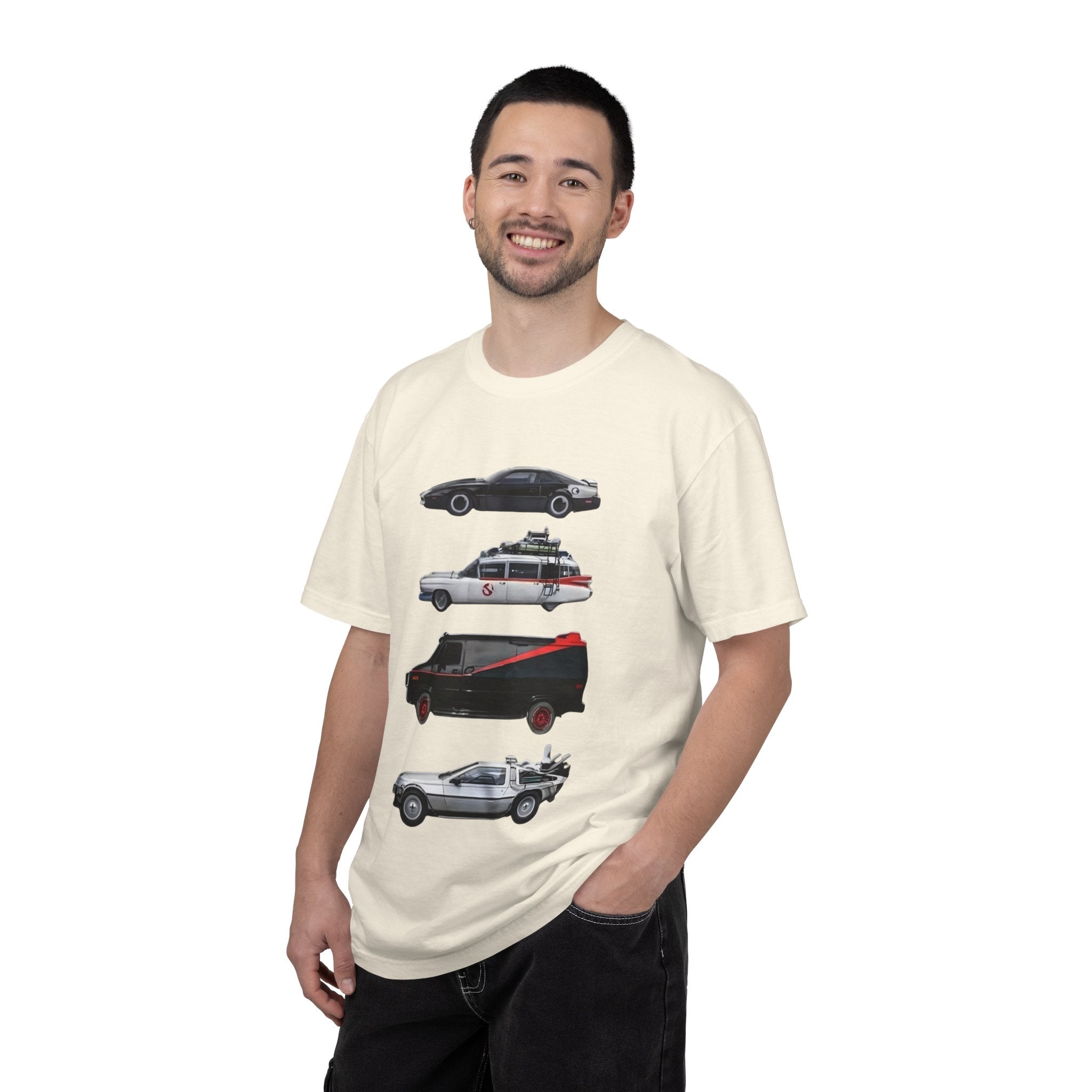 Classic TV Movie Car Stack T-Shirt — KITT, Ghostbusters, A-Team & DeLorean Tribute - Creations by Chris and Carlos
