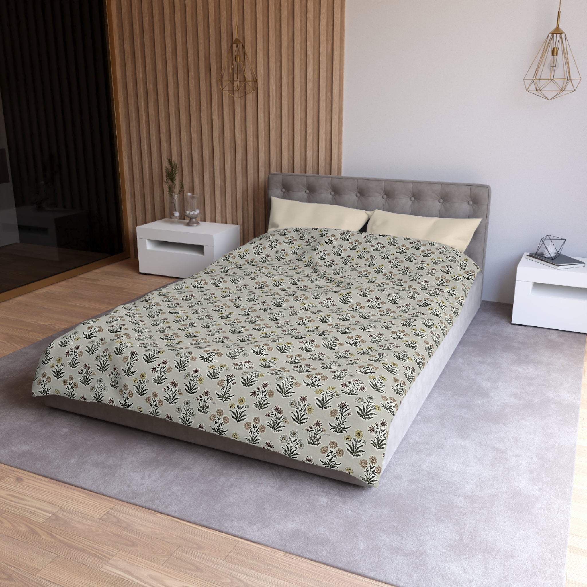 Floral Folk Pattern Duvet Cover — Neutral Microfiber Bedding - Creations by Chris and Carlos