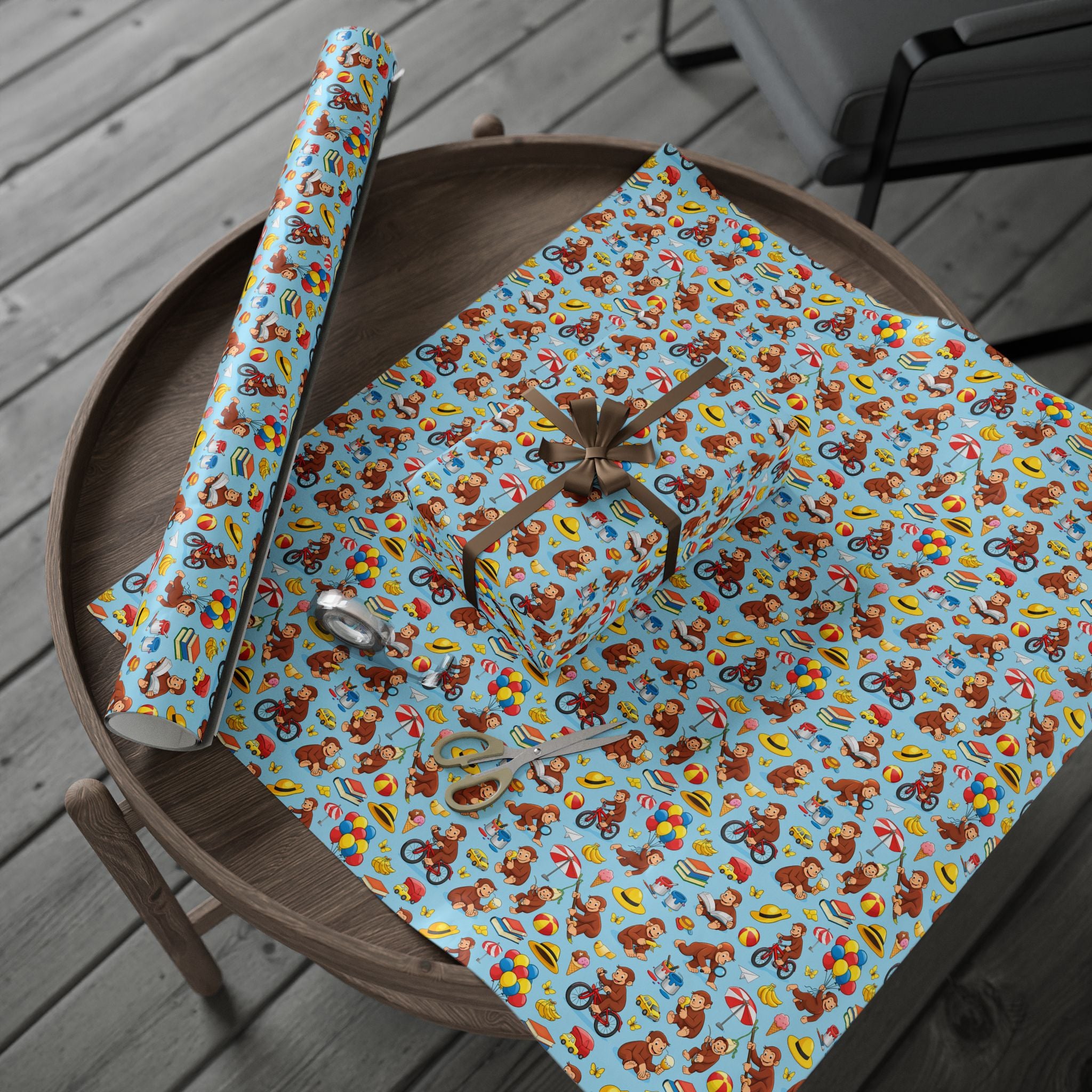 Wrapping Paper Roll — Playful Curious George Monkey Pattern Gift Wrap (Blue) - Creations by Chris and Carlos