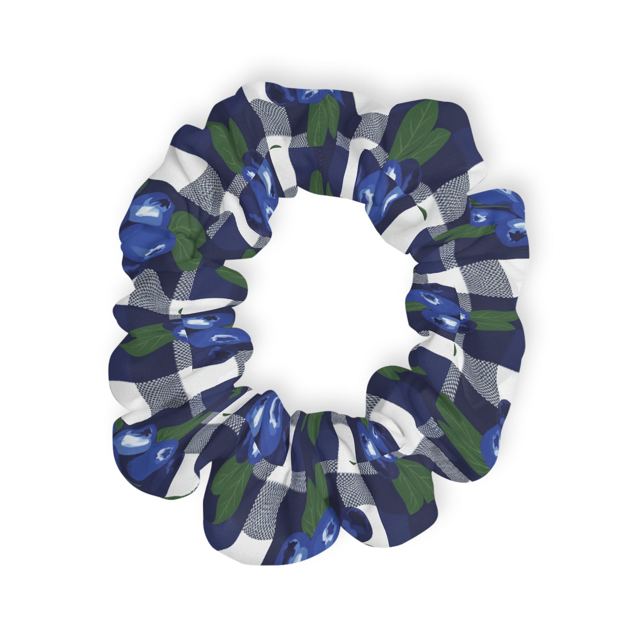 Blue Floral Gingham Scrunchie — Plaid Hair Tie with Indigo Blossoms - Creations by Chris and Carlos