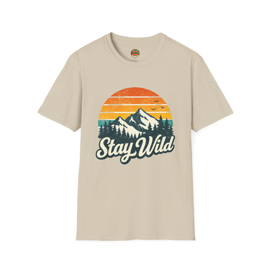 Stay Wild Mountain T-Shirt — Vintage Sunset Outdoor Adventure Tee - Creations by Chris and Carlos